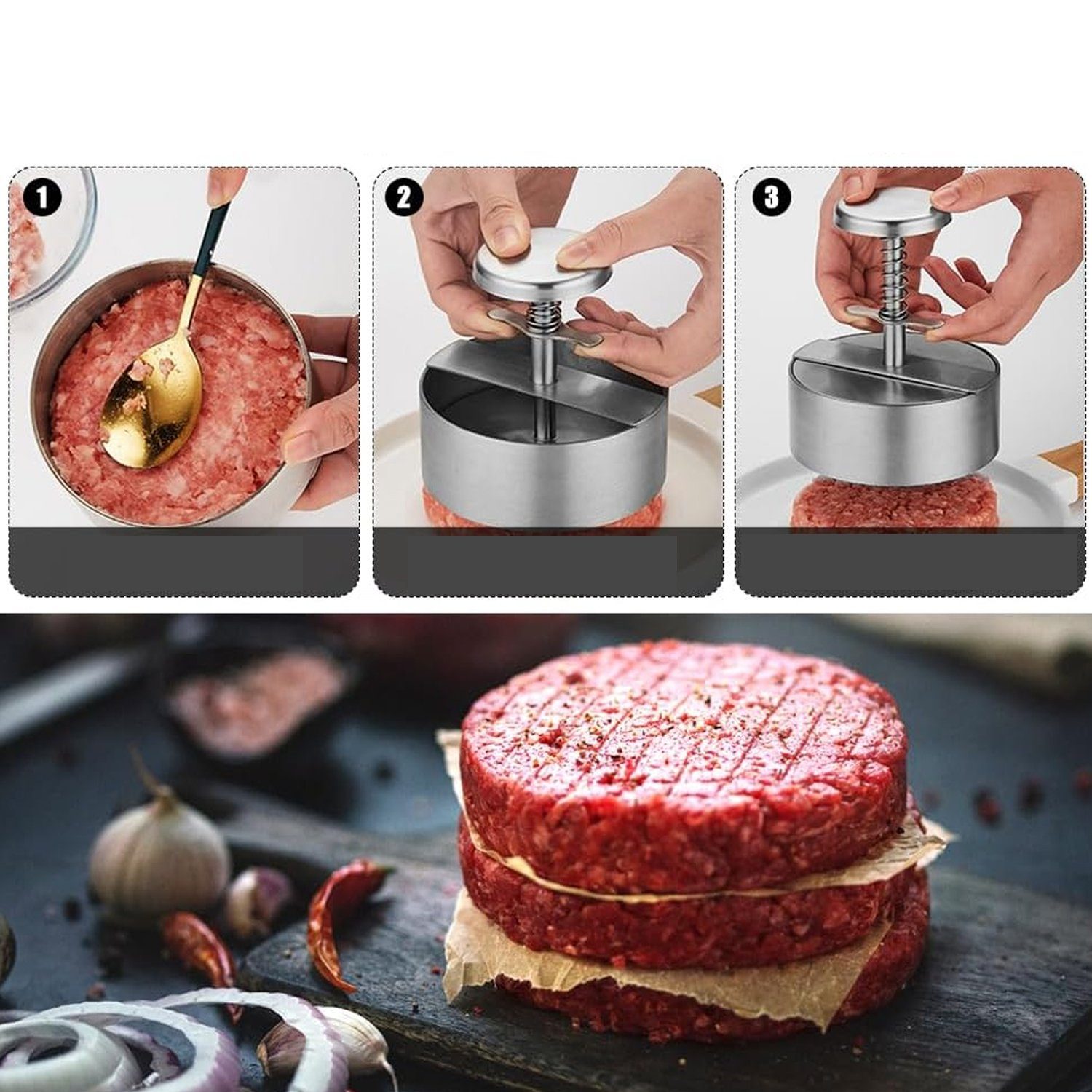 AKKEE Burgerpresse Burgerpresse, 304 Edelstahl Burgerpresse, 11cm Hamburger Patty Maker (1 St), Patty Fleischpresse Fleischform Küchenwerkzeug