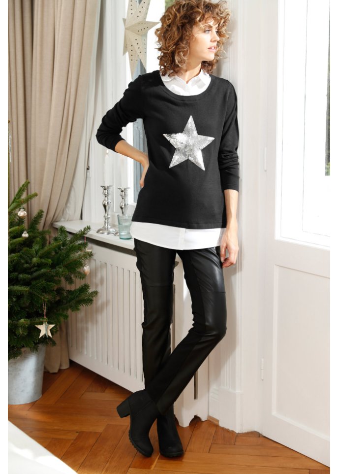 2 in 1 Pullover mit Bluseneinsatz, Langarm