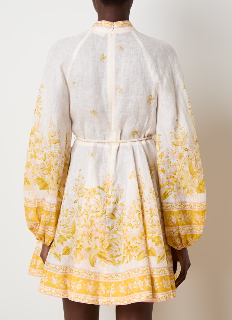 Zimmermann linen mini blouse dress with floral print and tie belt