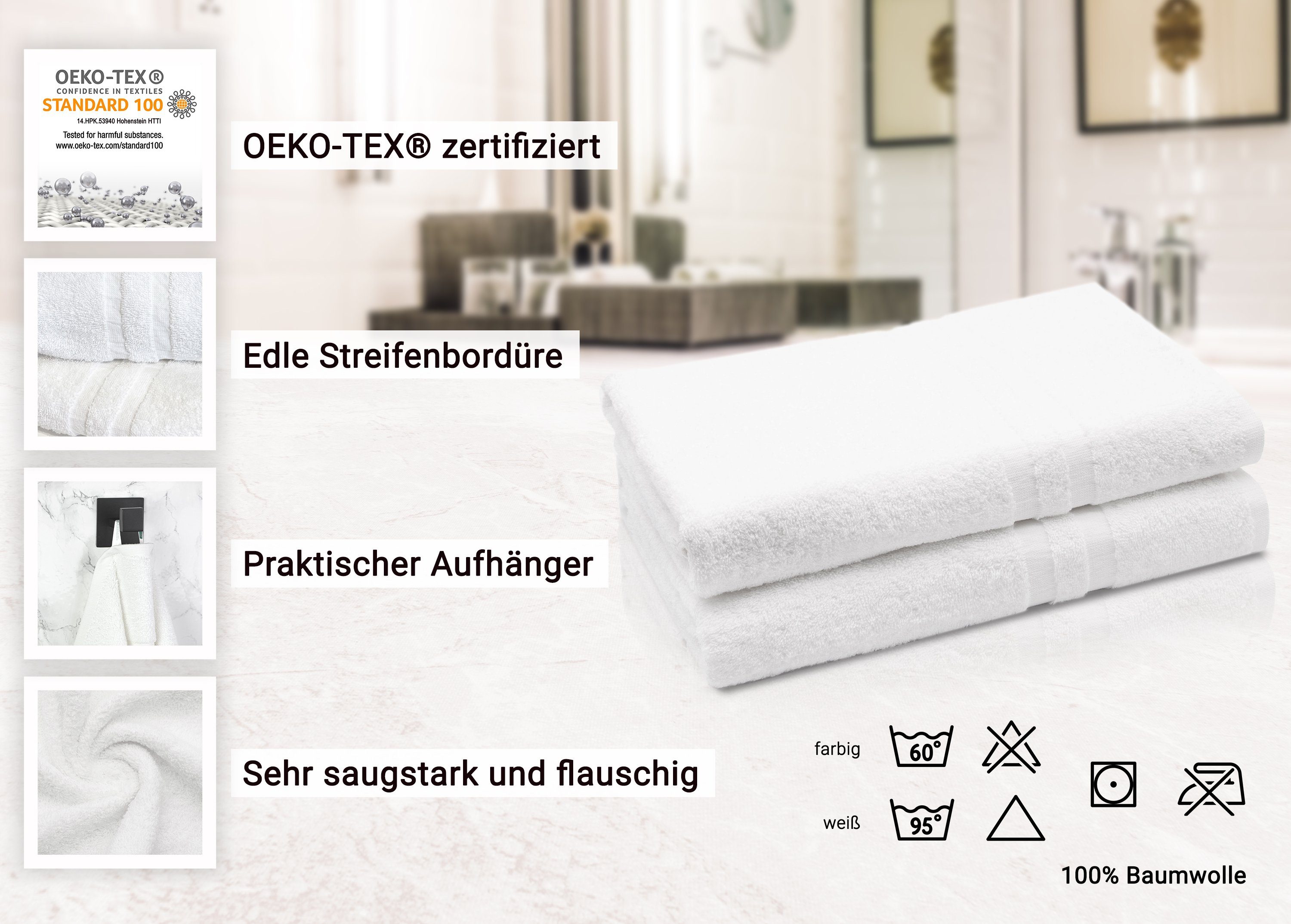ZOLLNER Duschtücher, Walkfrottier (2-St), 70 x 140 cm, 100% Baumwolle, vom Hotelwäschespezialisten
