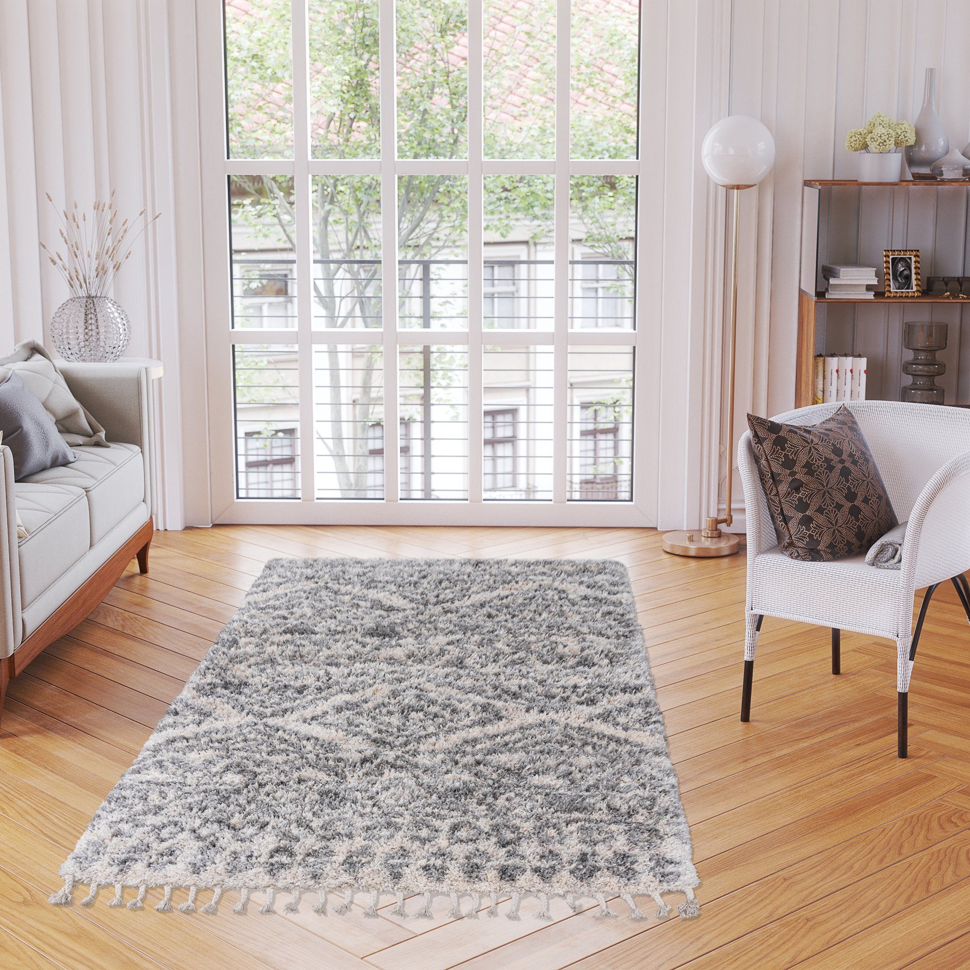 Hochflor-Teppich Hochflor Shaggy Teppich für Wohnzimmer - Höhe 35 mm Fransen Grau, Mazovia, 60 x 100 cm, Pflegeleicht, Boho - look, Langflor, Rechteckig, Weich