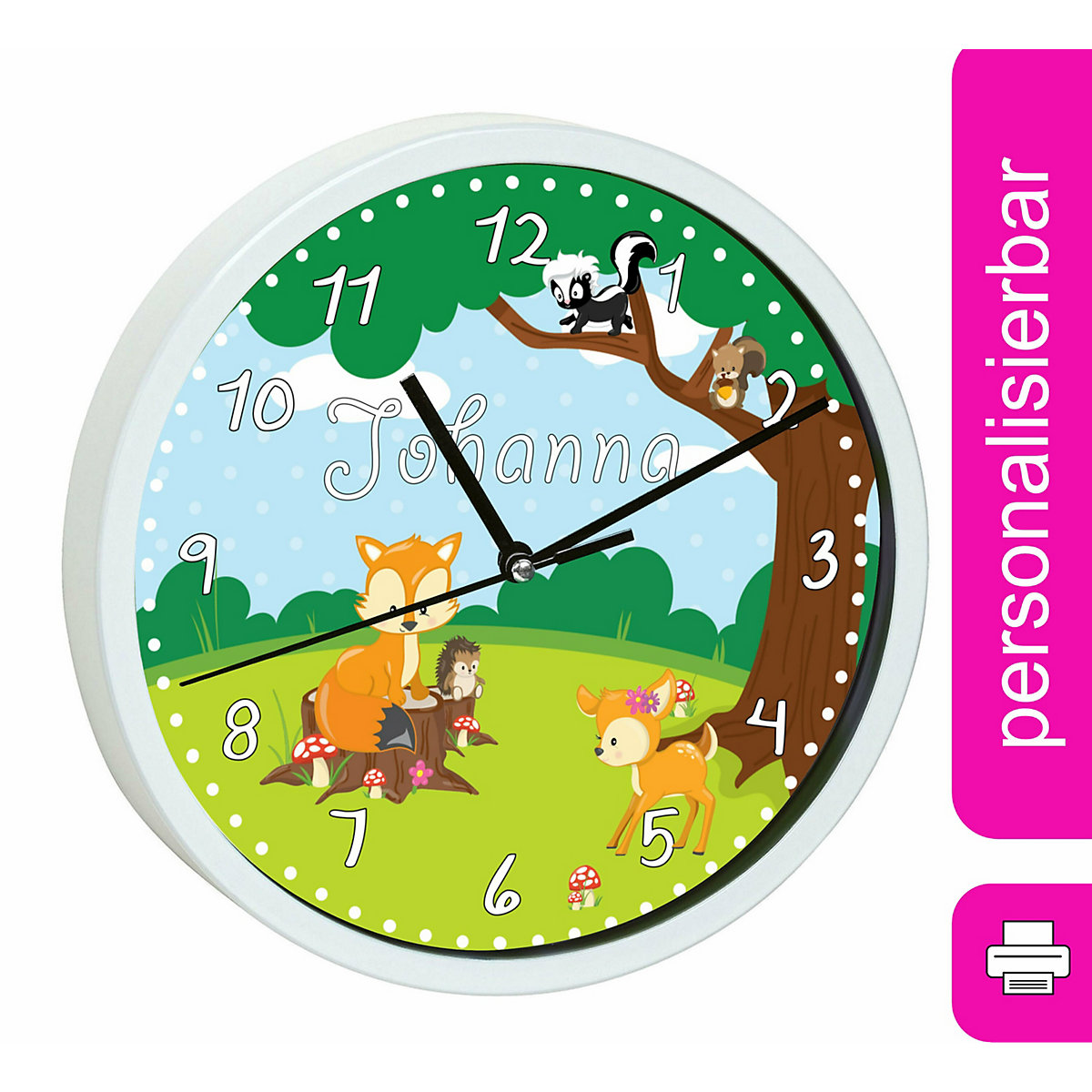 Kinder Wanduhr personalisiert mit Name Waldtiere
