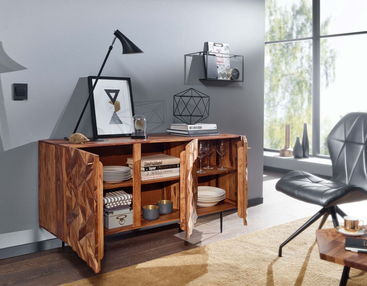 Skyport WOHNLING Sideboard 144x72x47 cm Holz Massiv Kommode Anrichte Modern Standschrank