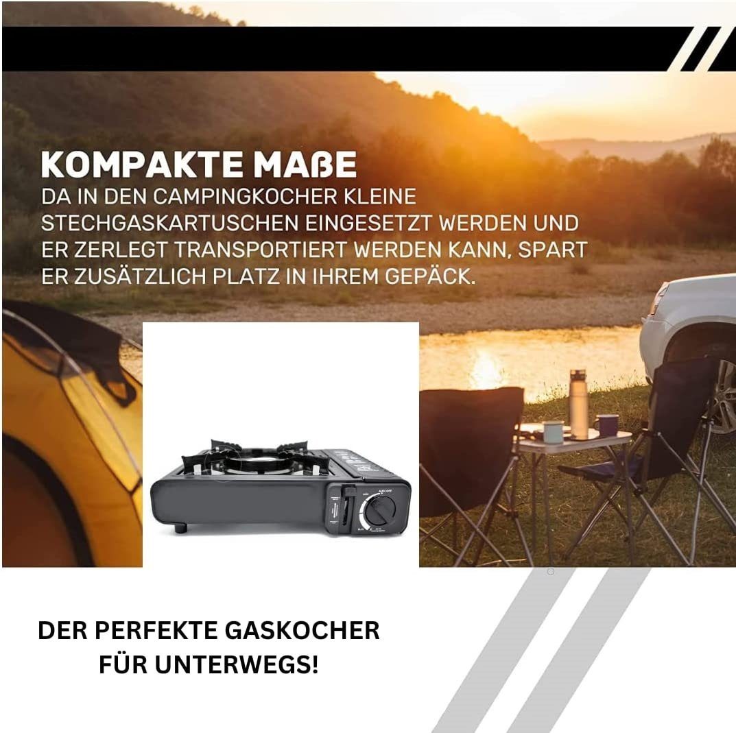 JUNG Gaskocher mobiler Campingkocher Gaskocher + 4 Kartuschen Gas, Autark verwendbar, (Gaskocher Notfall, Kartuschenkocher, Butangaskocher, praktischem Transportkoffer, erhitzen & aufwärmen Lebensmittel), mobiler Gaskocher, Outdoor geeignet Camping K