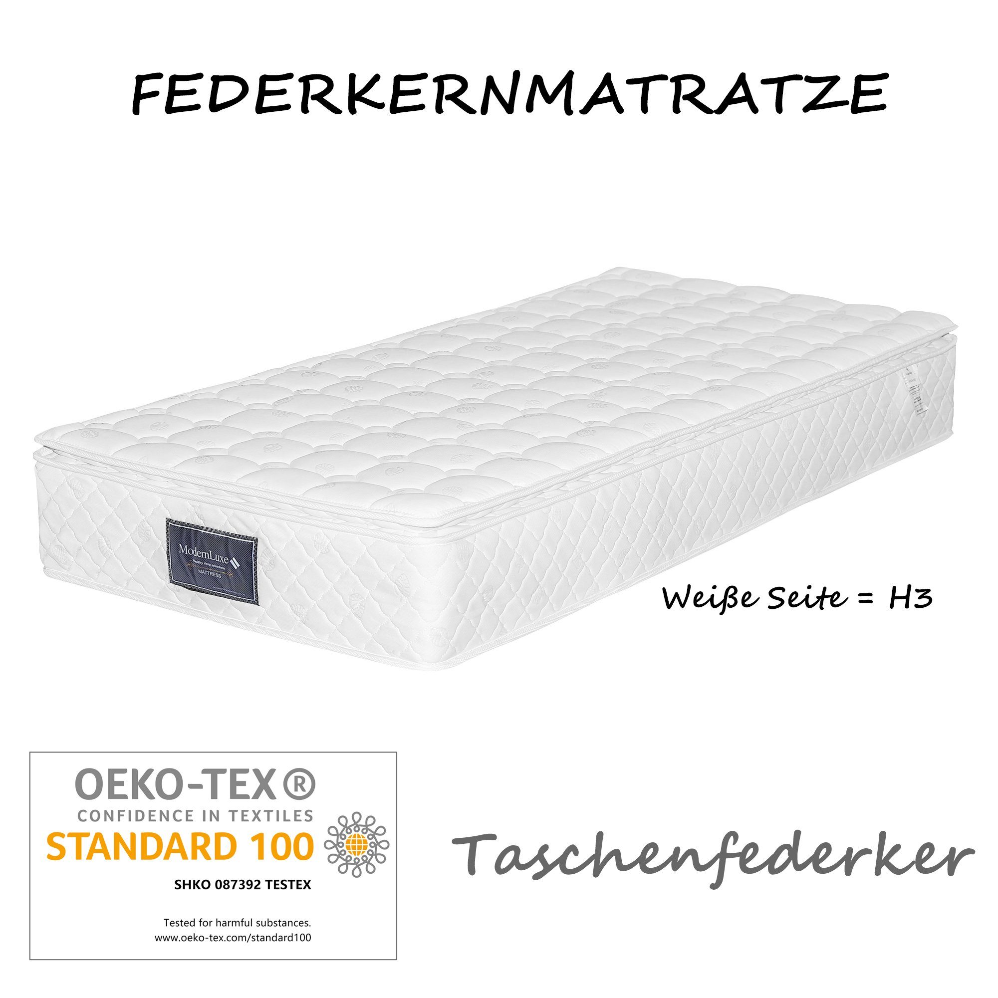 Federkernmatratze 7 Zonen Kaltschaum Matratze, Härtegrad H3, 25cm Höhe,90/140/160x200cm, Fangqi, 25 cm hoch, Taschenfederker, versteppter Mikrofaserbezug-Topping