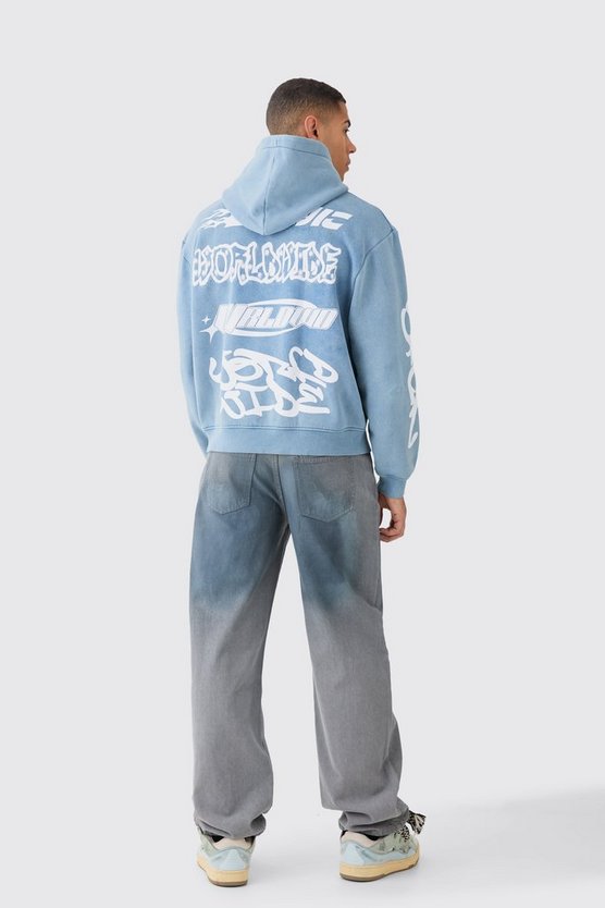 Kastiger Oversize Hoodie mit Acid-Waschung und Print