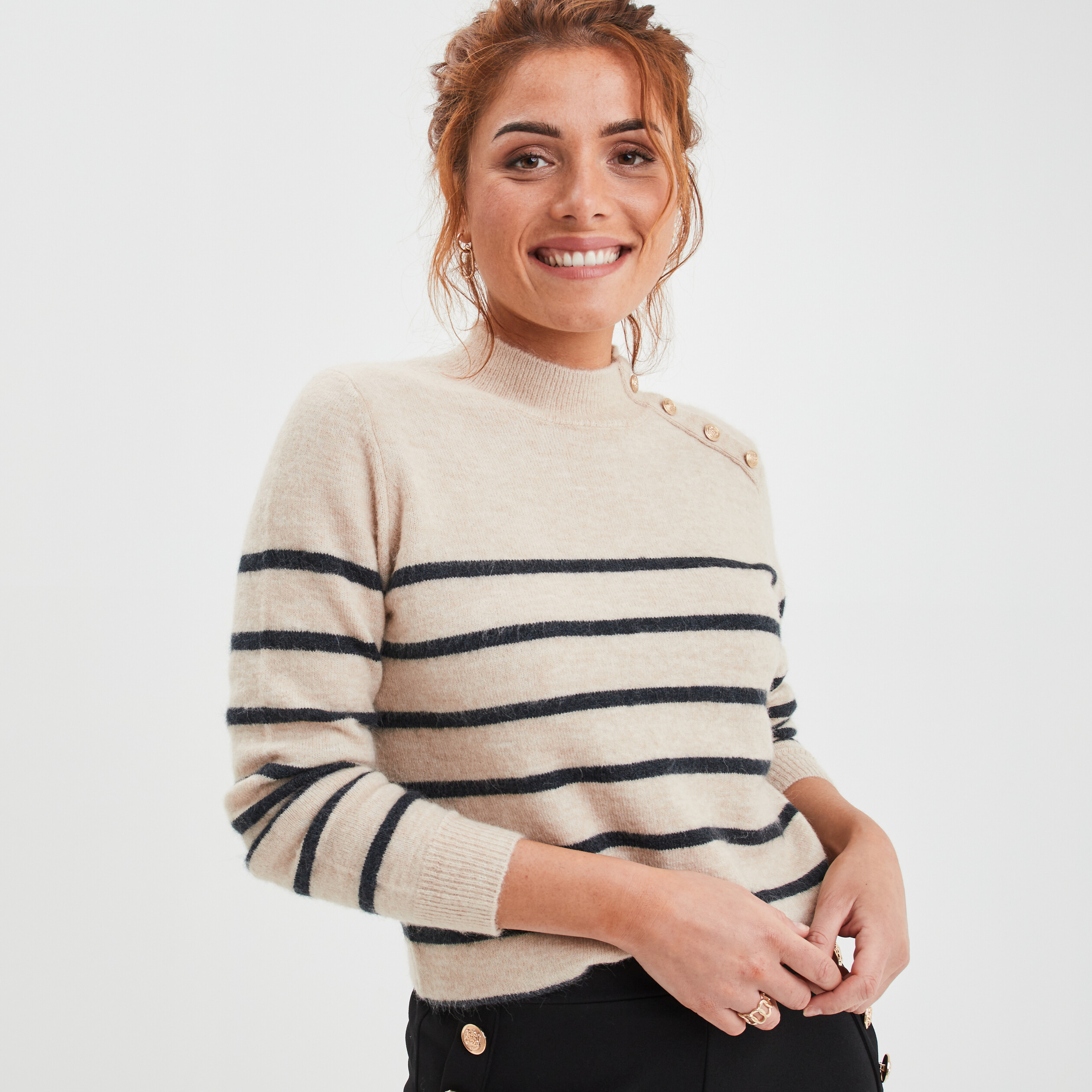 Pull marinière boutons à l'épaule sable femme | La Halle