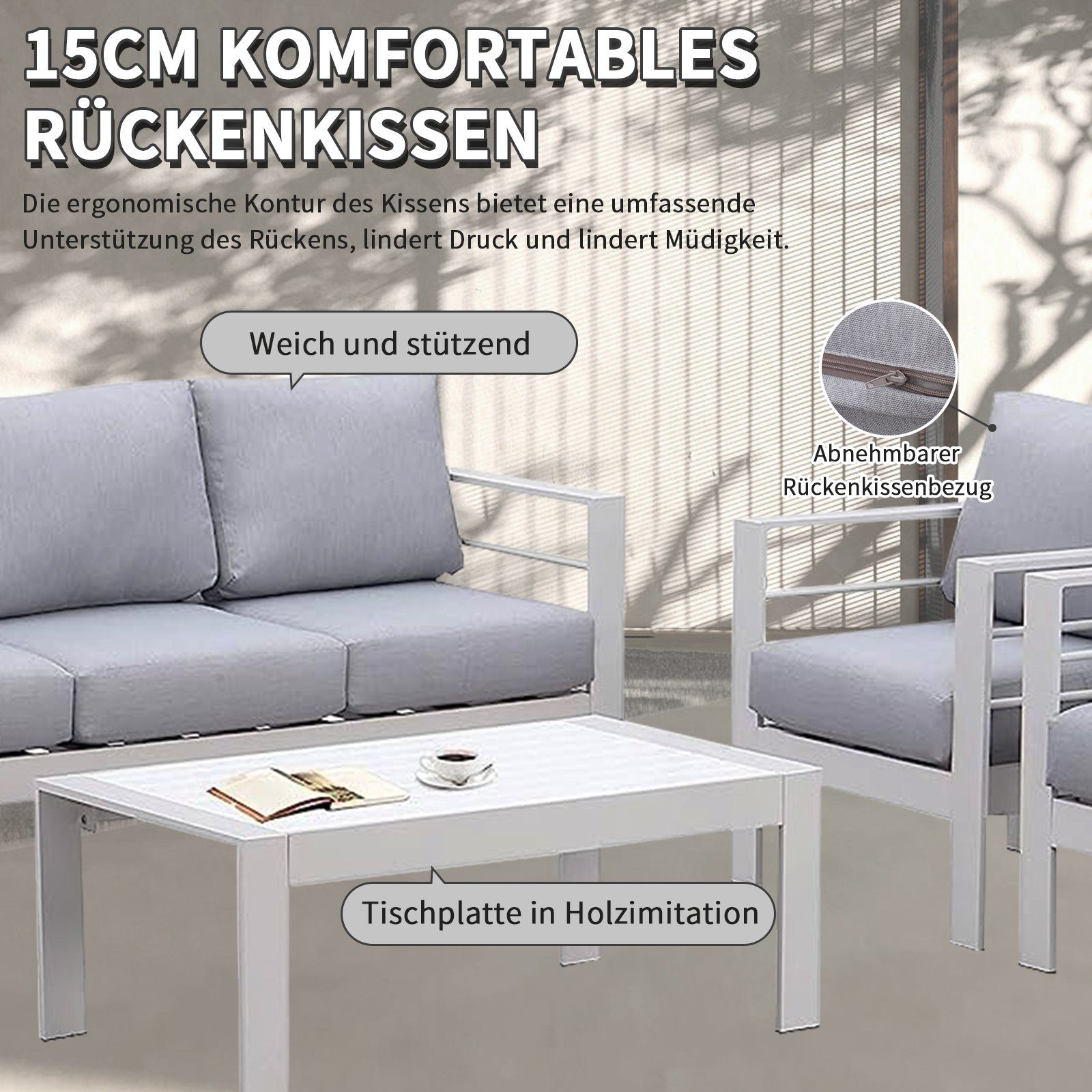 MeXo von GLP HOME Gartenlounge-Set Gartenmöbel Lounge Set 4-Teilige Aluminium Wetterfest für 4-5 Personen, (Gartenlounge Set, Balkonmöbel Set Kleiner Balkon, Essgruppe mit Kissen, 3-Sitzer-Sofa, 2 Sessel, 1 Tisch), Gartengarnitur Sitzgruppe für Terra