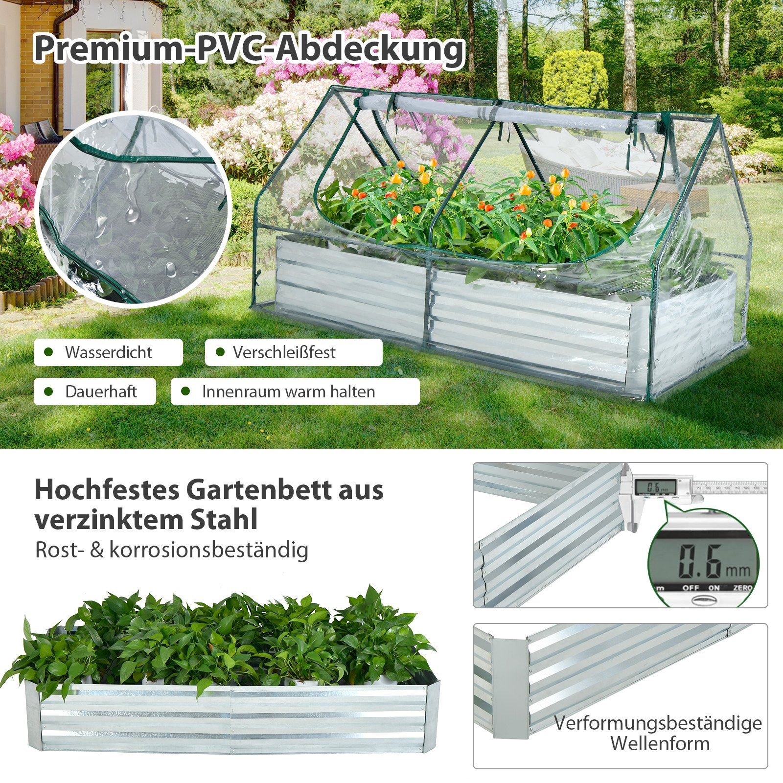COSTWAY Hochbeet Frühbeet, 2in1, mit Gewächshaus, PVC-Folie, 2 Fenstern