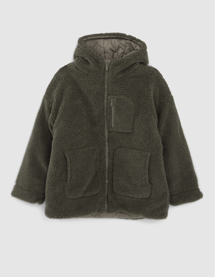 Manteau réversible kaki Sherpa ou matelassé fille