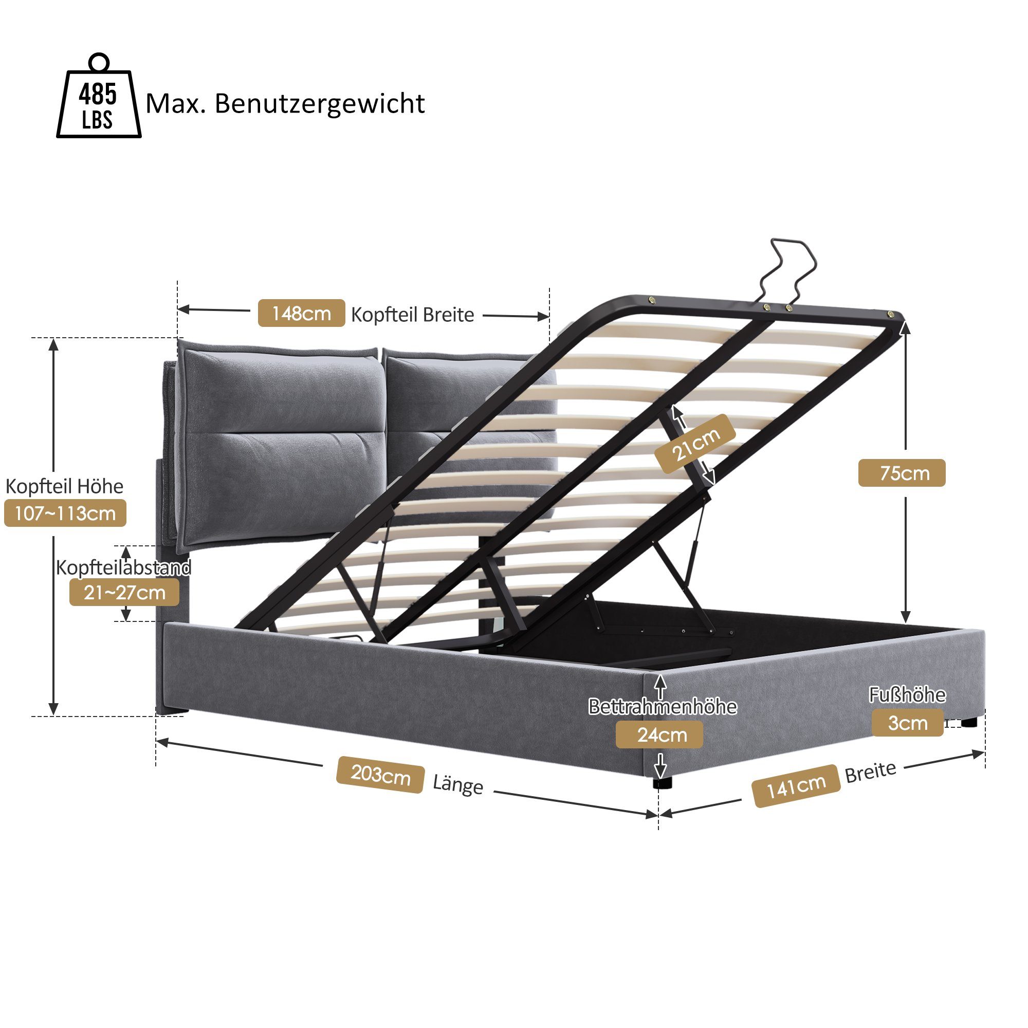 REDOM Polsterbett Hydraulisch Doppelbet (Stauraumbett 140x200cm), Hydraulisches Funktionsbett mit Lattenrost und Bettkasten, Samt