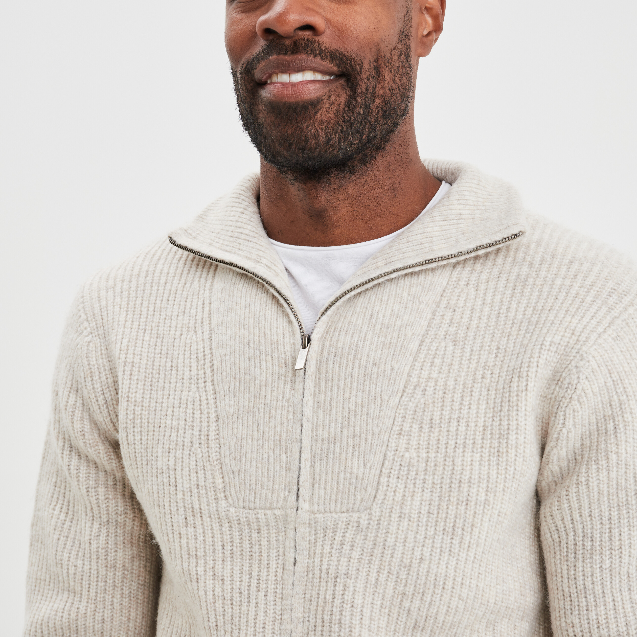 Pull col montant zippé côtelé beige homme | La Halle