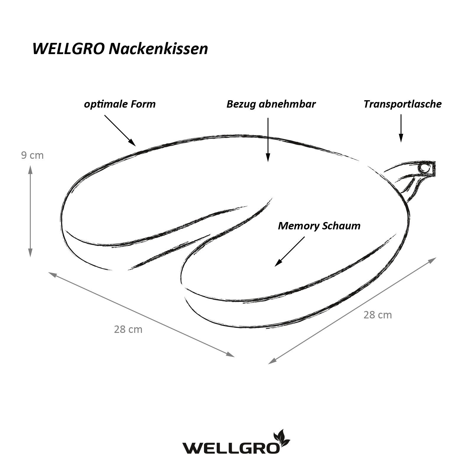 Wellgro Nackenkissen Nackenkissen mit abnehmbarem Bezug - Memory Schaum - Reißverschluss