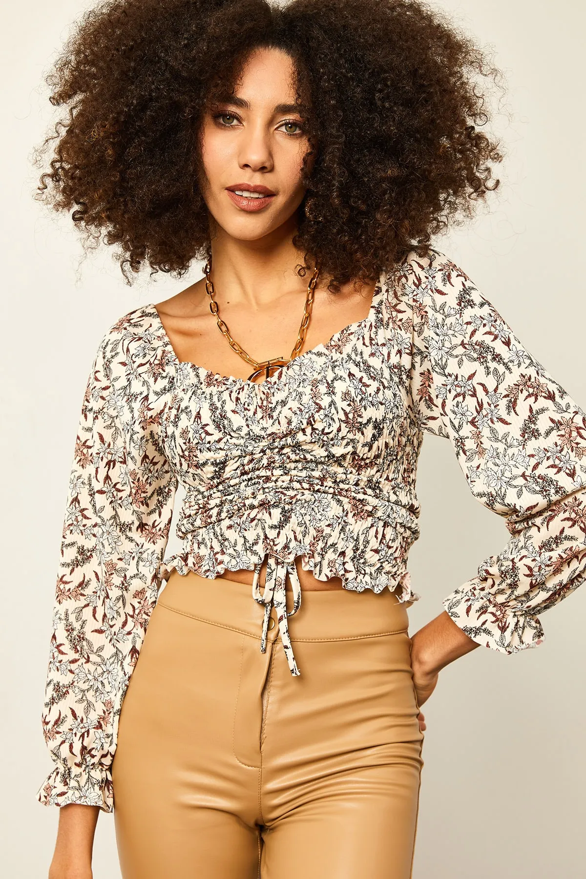 XHAN  Beige geraffte Damenbluse mit Blumenmuster 1KZK2-11221-25