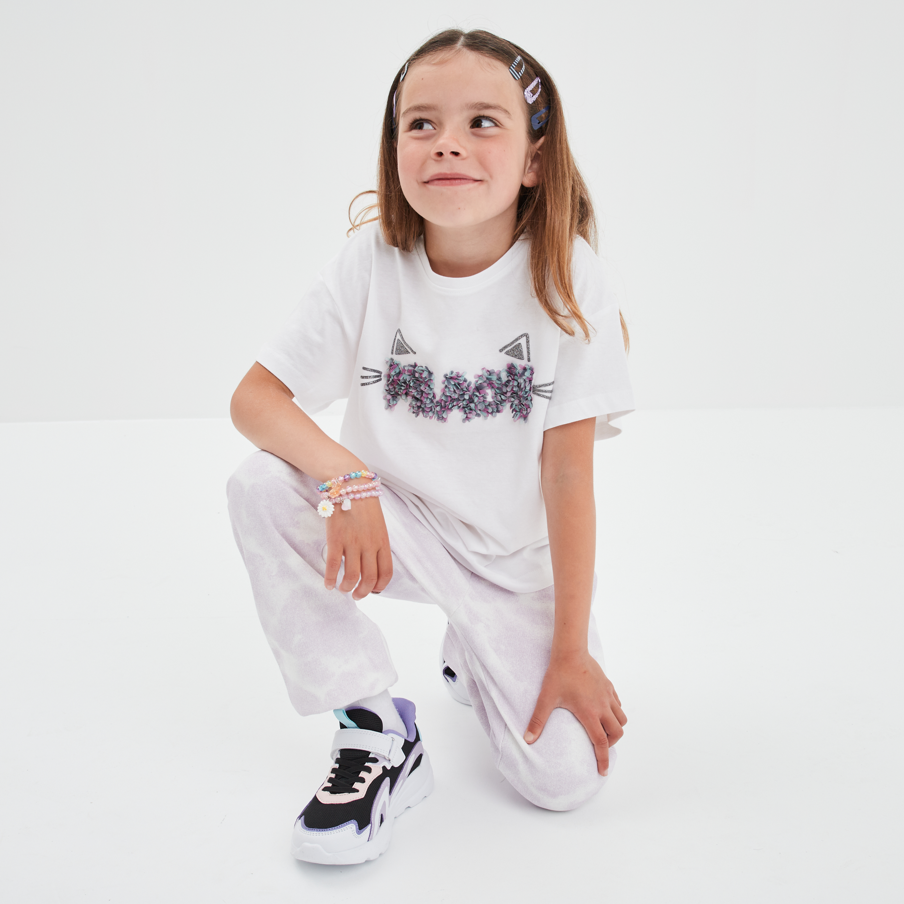 T-shirt avec pétales manches courtes ivoire fille | La Halle