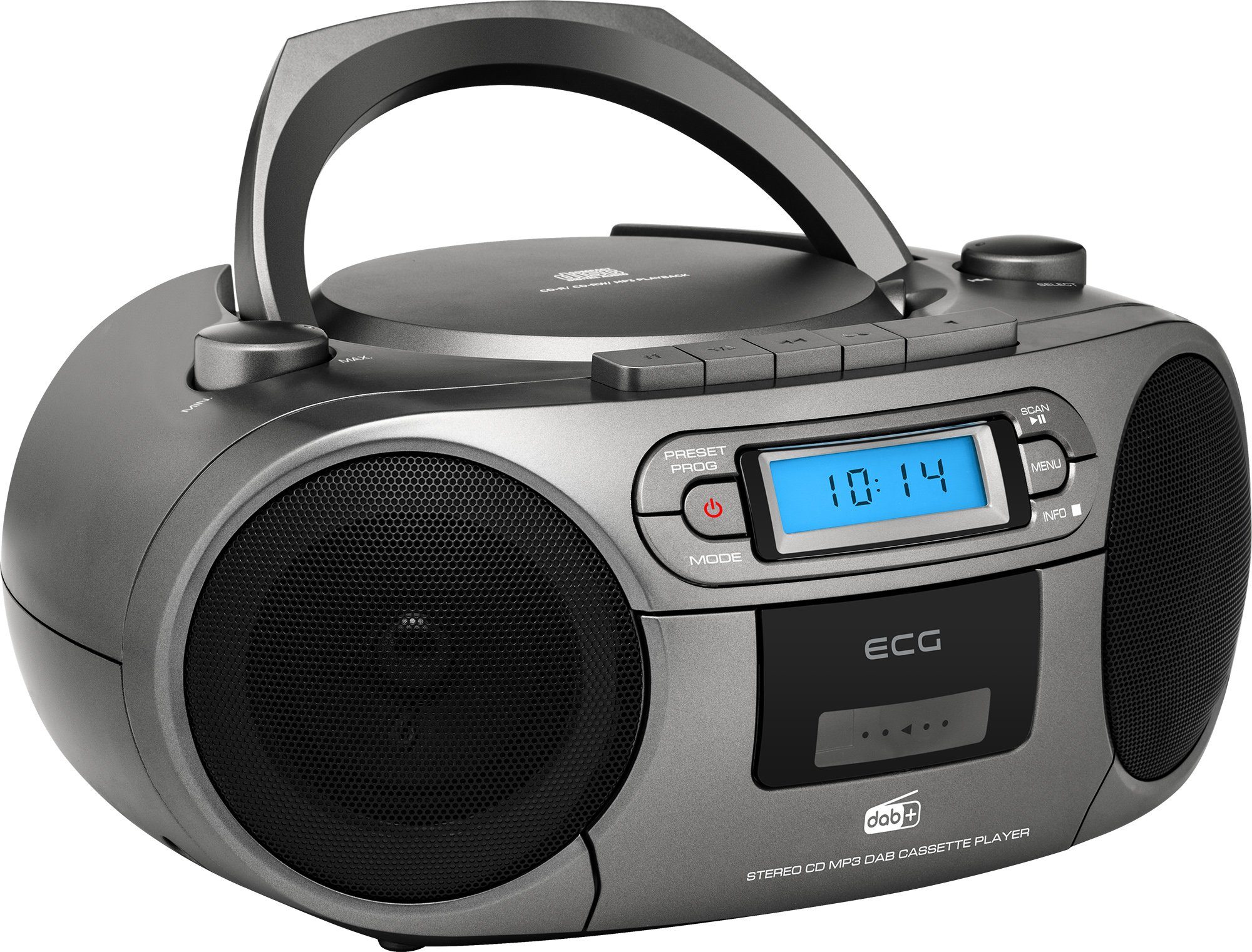 ECG CDR 999 Digitalradio (DAB) (Digitalradio (DAB), FM Digital Tuner, Kassettenplayer, CD-Player, MP3 / WMA-Musikwiedergabe vom USB-Laufwerk, 3,00 W, Abspielen von Kassetten, CDs und USB-Sticks, Digitalradio hören, Netz- und Batteriebetrieb)