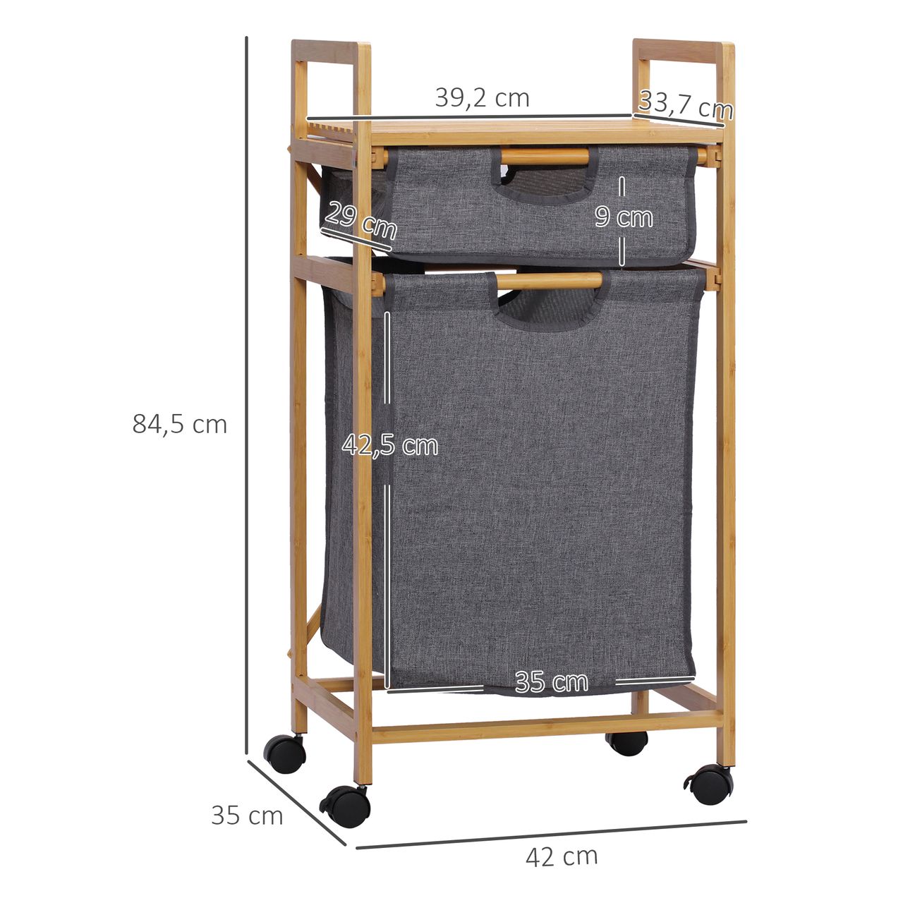 HOMCOM Wäschekorb Wäschebox mit 2 Stoffbeutel Wäschesack Wäschesammler mit Rollen Aufbewahrungskorb Bambus Naturholz Grau 42 x 35 x 84,5 cm
