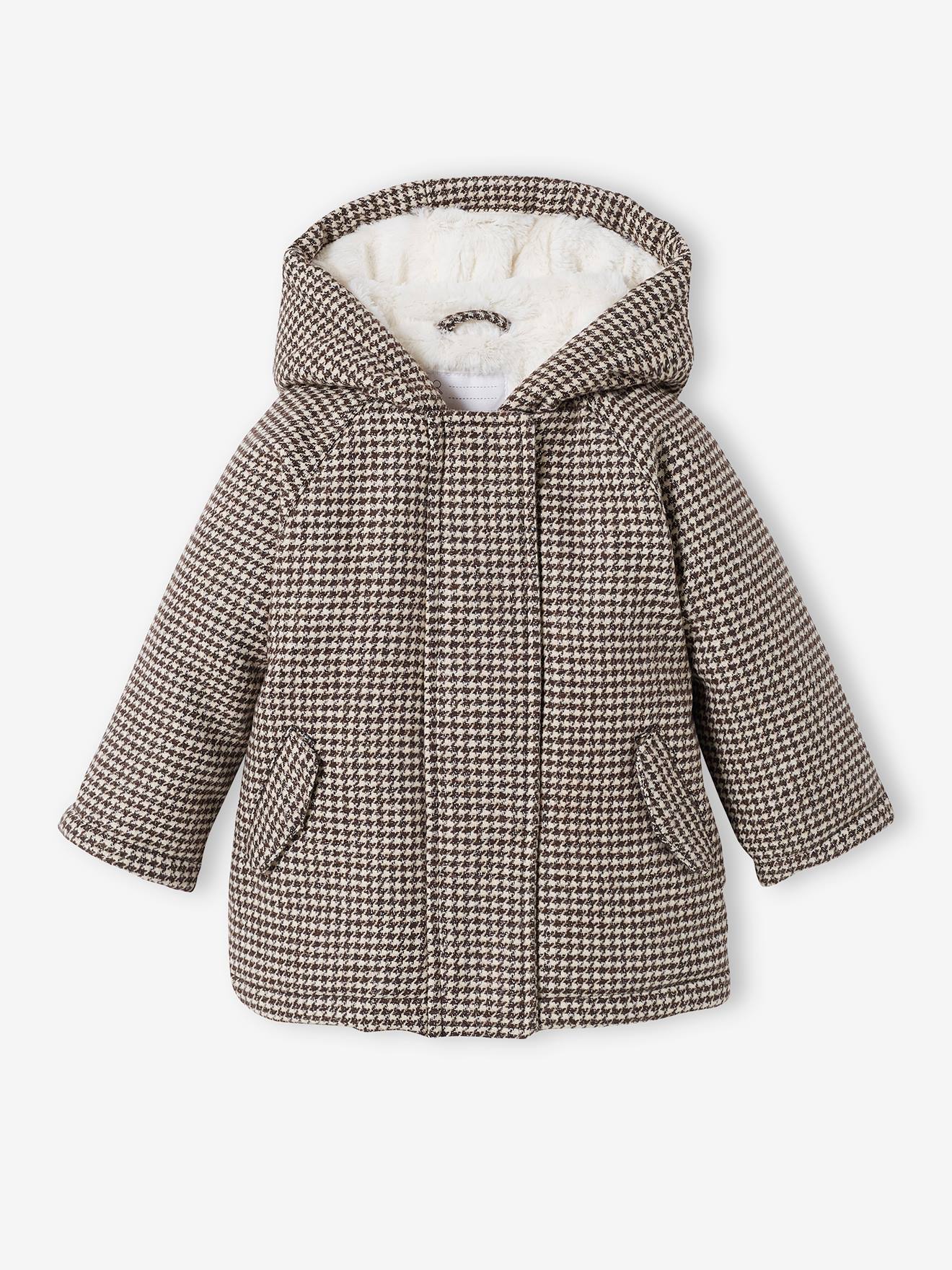 Manteau à capuche pied de puce bébé doublé imitation fourrure carreaux marron