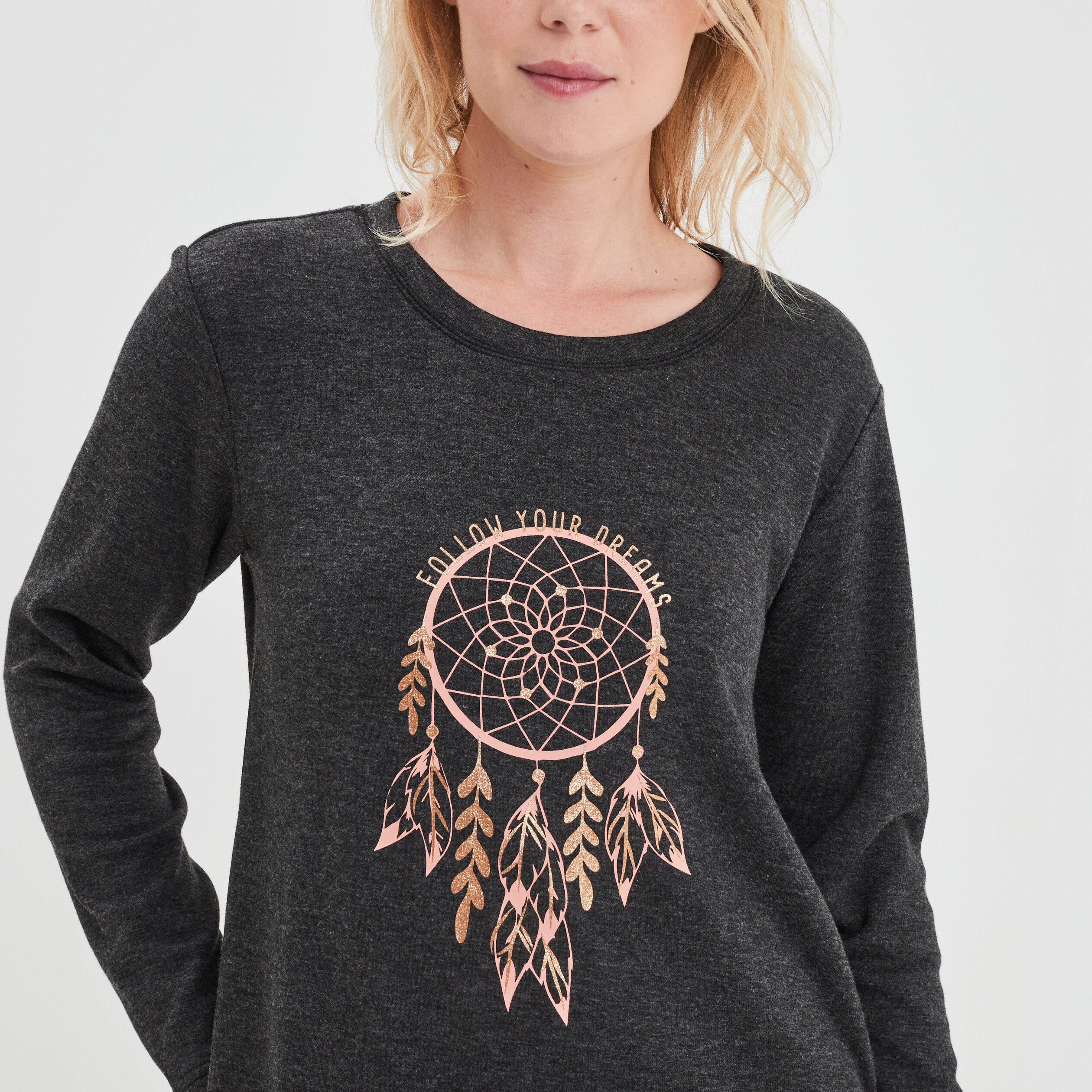 Chemise de nuit t-shirt col rond gris foncé femme | La Halle