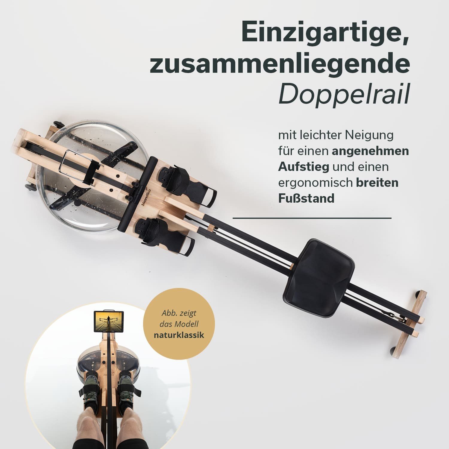 Skandika Rudergerät SKANDIKA Styrke (arktisweiß/schwarz), Rudergerät Wasser aus Holz, Wasserrudergerät für Zuhause, Esche