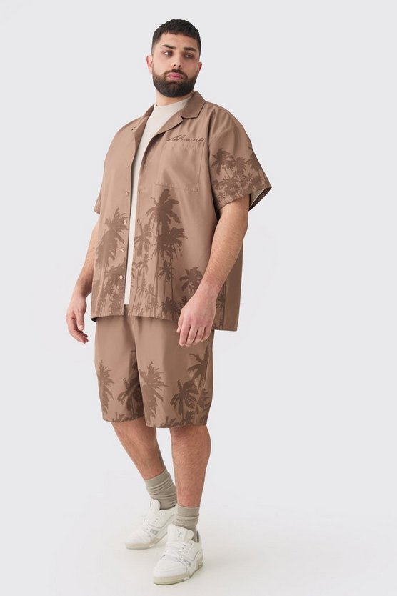 Plus kastiges Oversize Hemd mit Palmen-Saum & Shorts