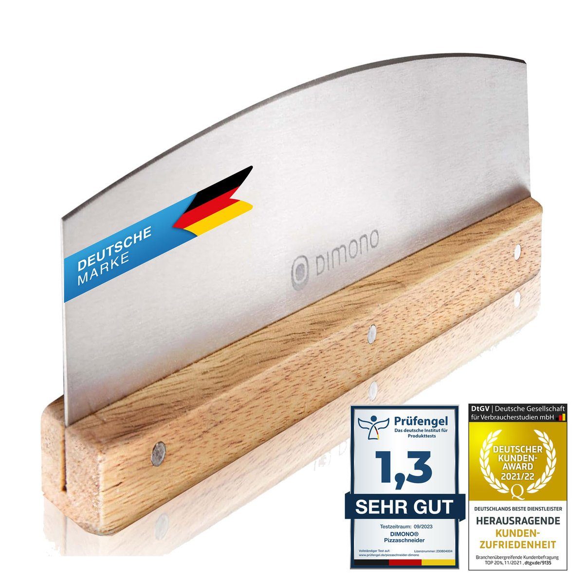 Dimono Pizzamesser Profi Pizzaschneider Wiegemesser Kräuter-Schneider Cutter mit Holz-Griff
