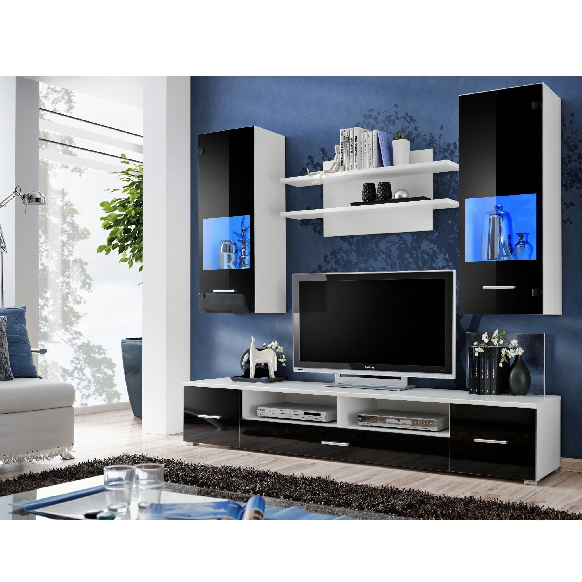 Furnica Wohnwand RENO TV-Schrank, 2 Vitrinen, Regal Weiß Matt/Schwarz Gloss