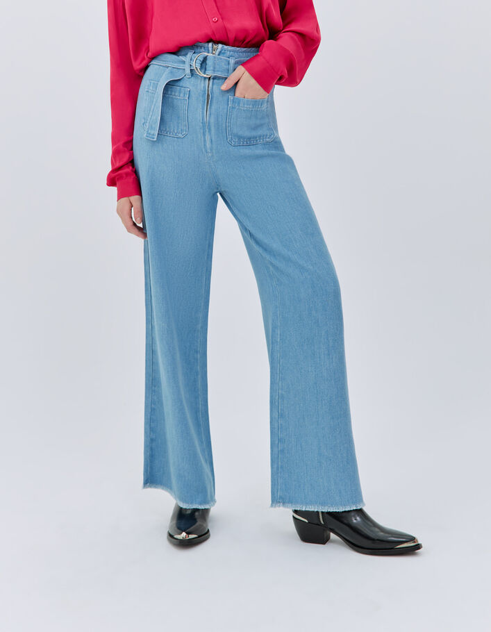 Denim wide leg ceinturé taille haute femme