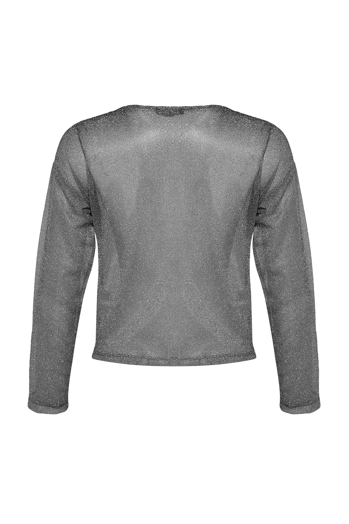 Trendyol Collection  Schwarze Lurex-Strickbluse mit Rundhalsausschnitt, reguläre/normale Passform, transparenter Tüll TWOAW24BZ00019