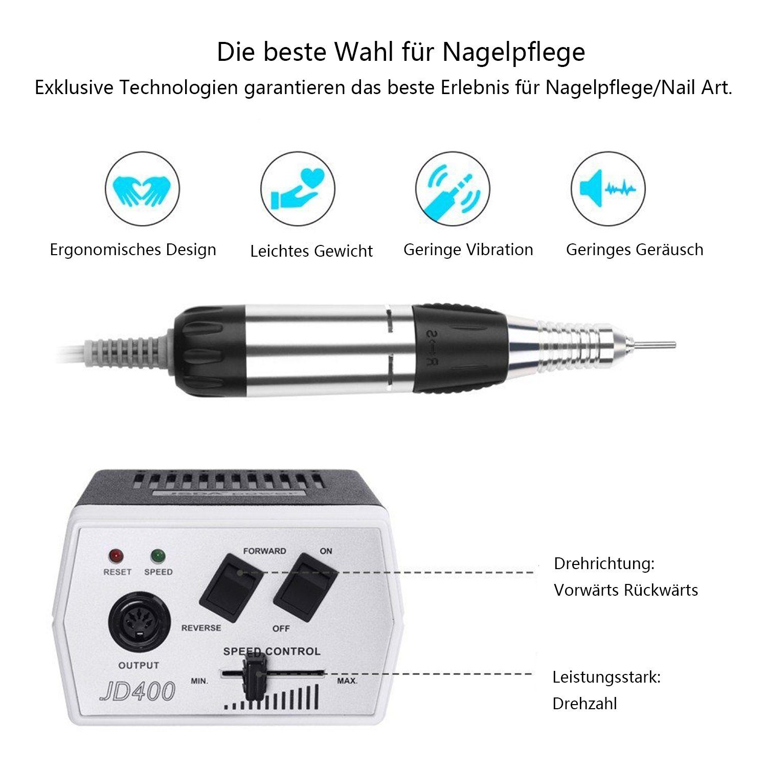 JSDA Maniküre-Pediküre-Set, Nagelfräser 30000 U/min 35W inkl.4 Bits