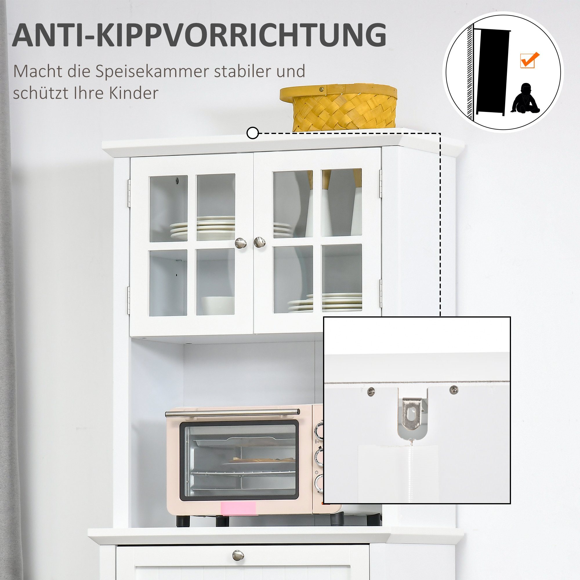 HOMCOM Küchenbuffet Kitchen Cabinet (Set, 1-St., 1 Küchenschrank) Sideboard Vitrinenschrank mit Schublade MDF, 68,6B x 40T x 164H cm