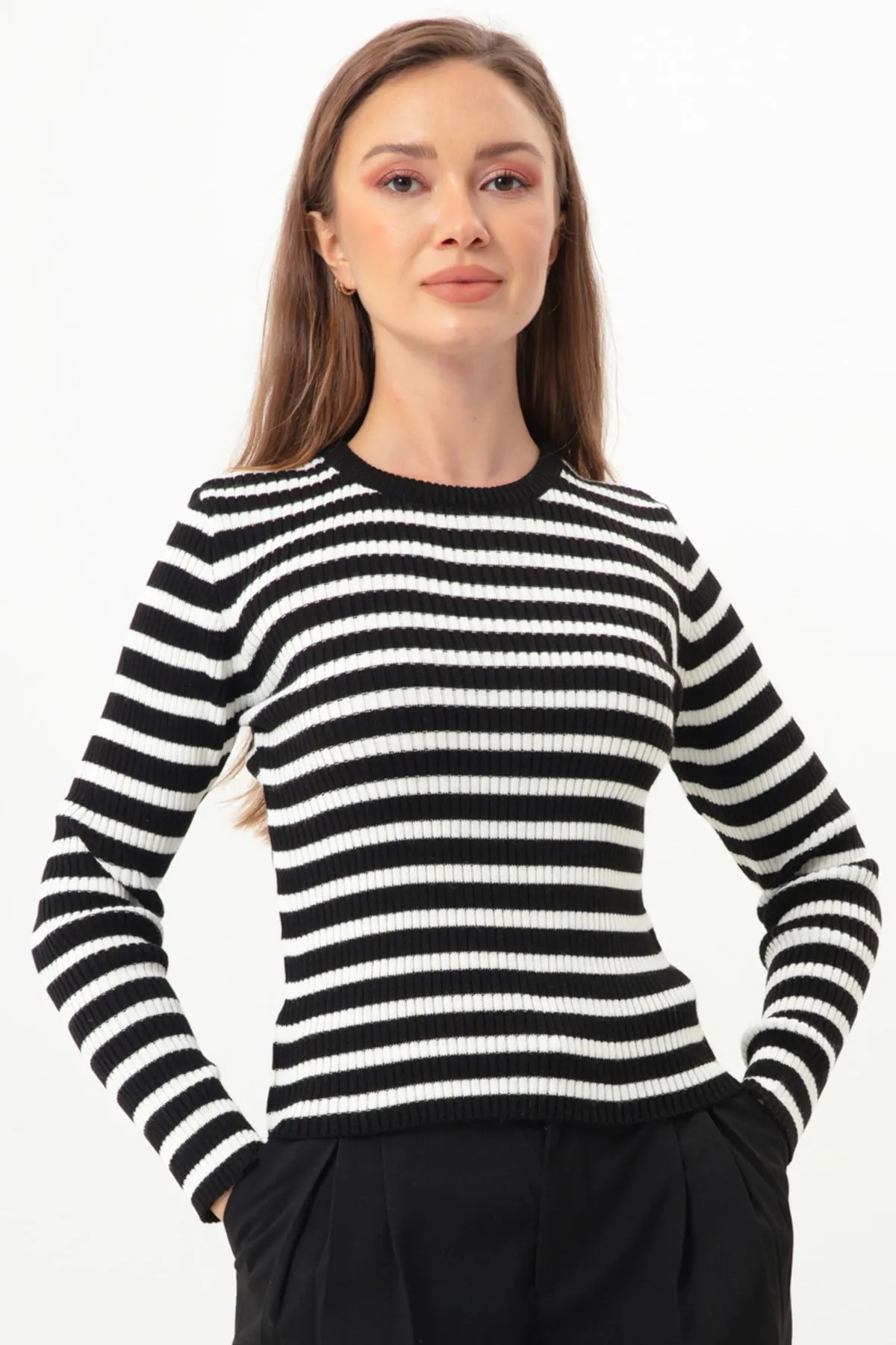 Lafaba  Schwarz gestreifter, gerippter Lycra-Strickpullover für Damen