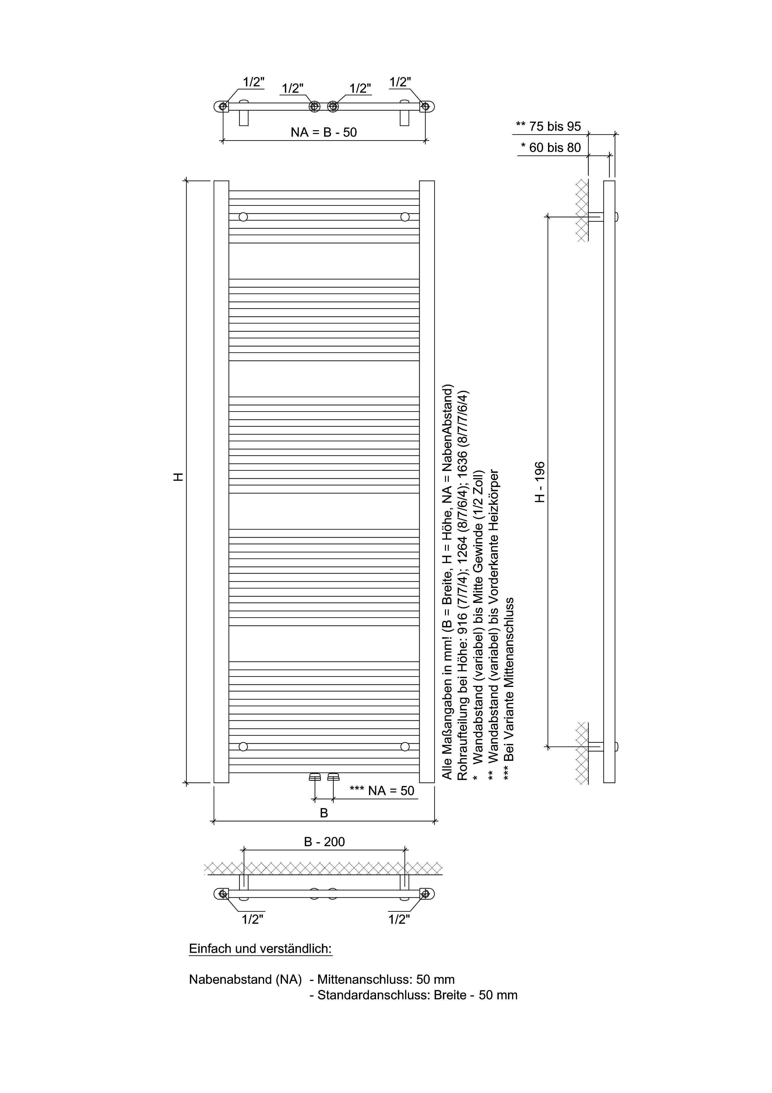 Ximax Badheizkörper C1 1264 mm x 600 mm, 495 Watt, Mittenanschluss, chrom