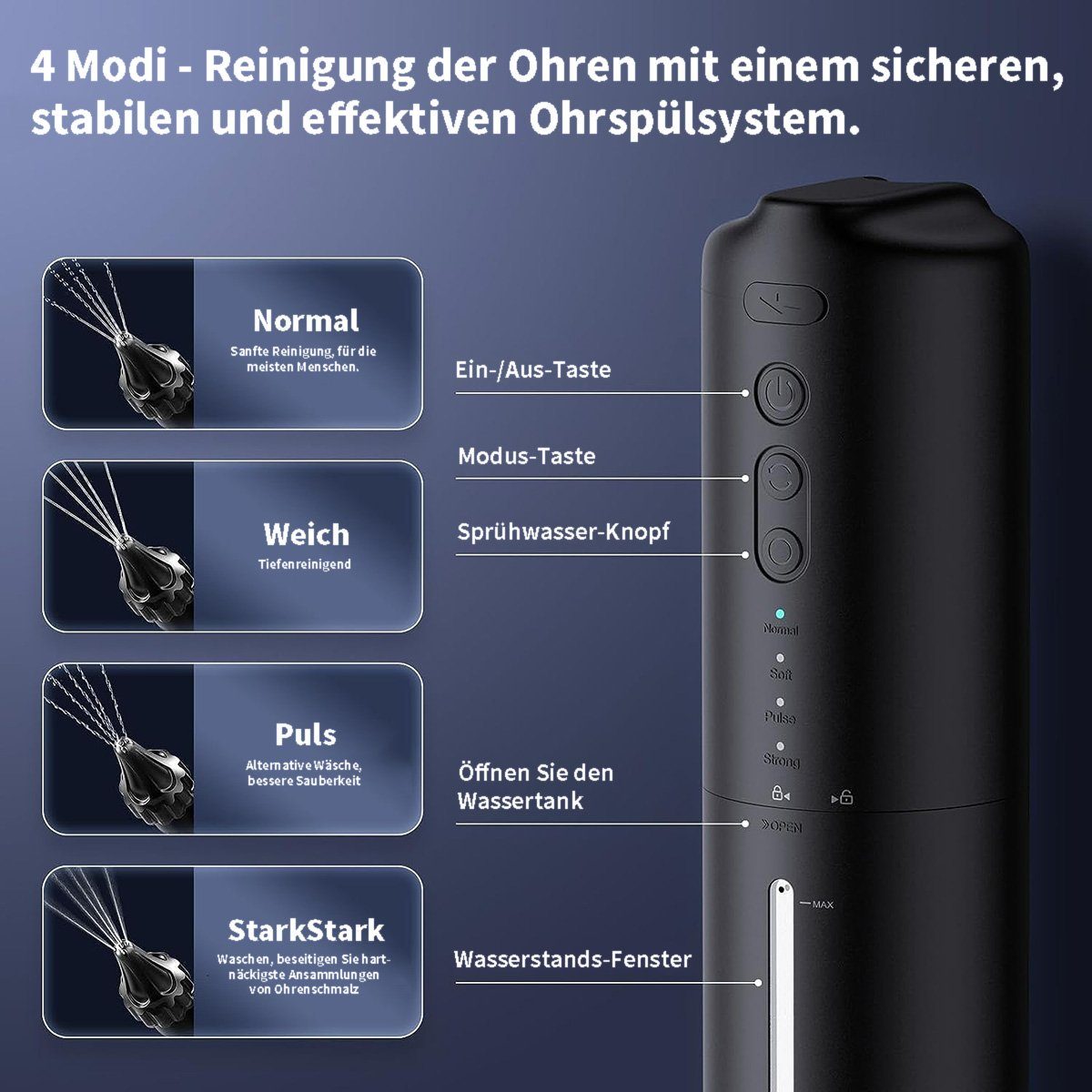 yozhiqu Ohrenreiniger Ohrenreiniger, Ohrenschmalz-Entfernungssets, Ohrenreinigungs-Spülsets, 1-tlg., Auswechselbare Spitzen, mehrere Modi: für verschiedene Personen
