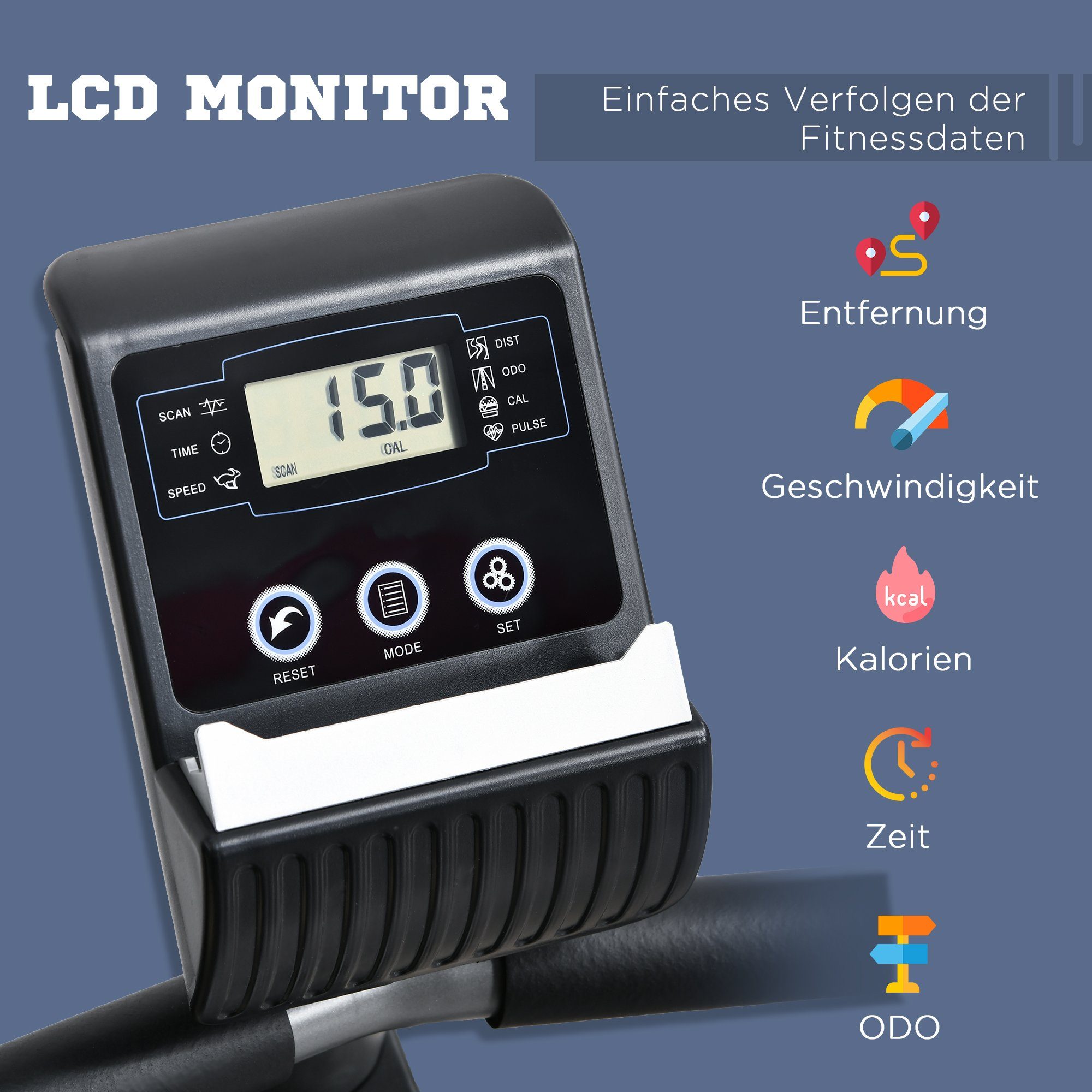 HOMCOM Heimtrainer mit LCD-Anzeige 8 stufig einstellbarem Magnetwiderstand Metall ABS (1-tlg., Nutzergewicht bis 110 kg), 121.5-136L x 62.5B x 98 H cm