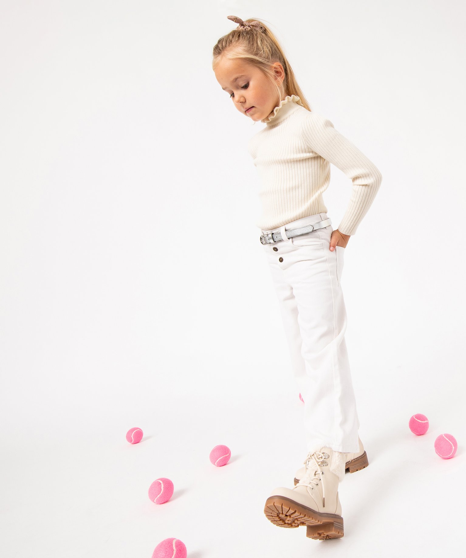 Pull en maille ctelée avec col montant froncé fille ecru | GEMO
