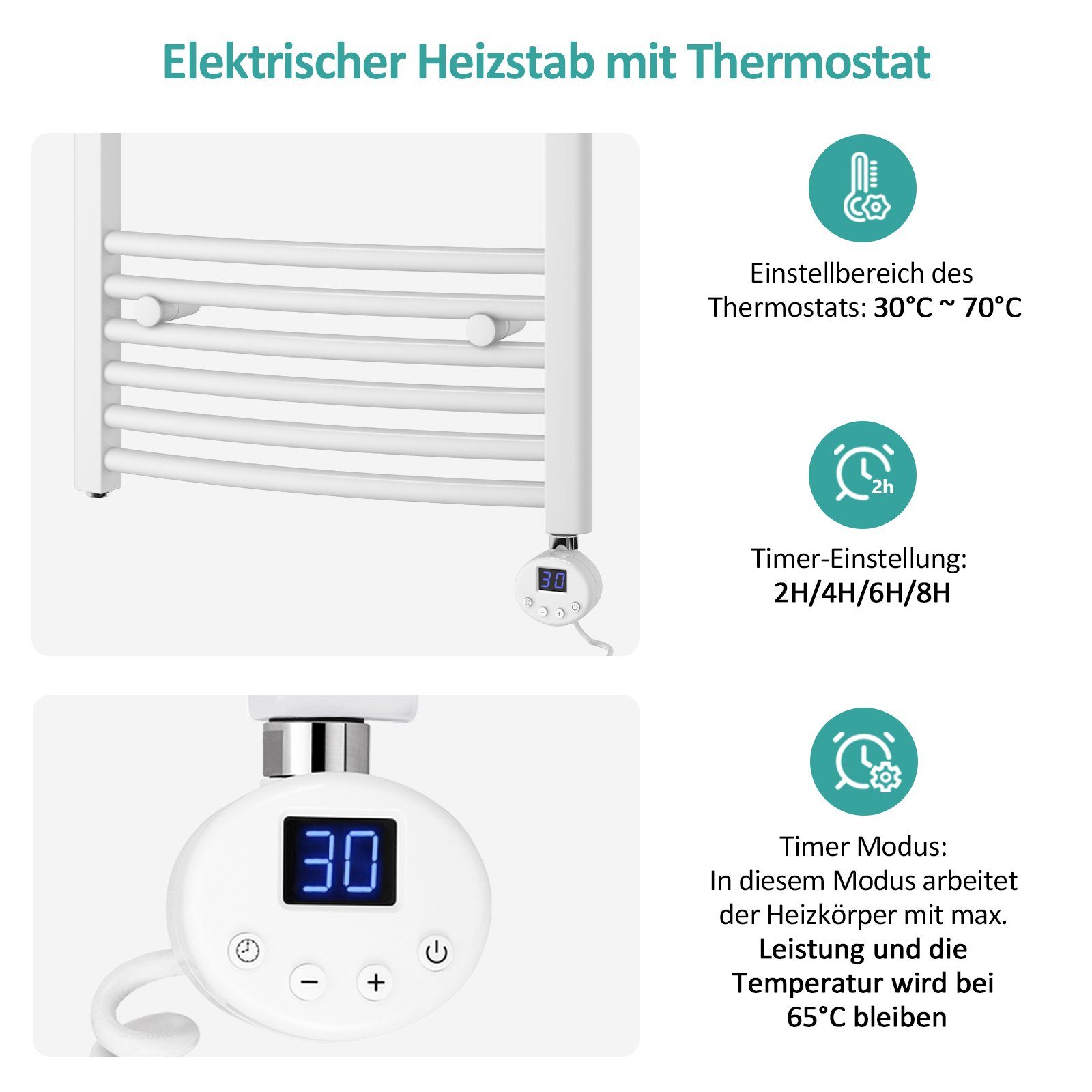 EMKE Elektrischer Badheizkörper EMKE Badheizkörper Elektrisch Handtuchwärmer mit Thermostat, Gebogen Handtuchtrockner mit Heizstab Weiß/Anthrazit