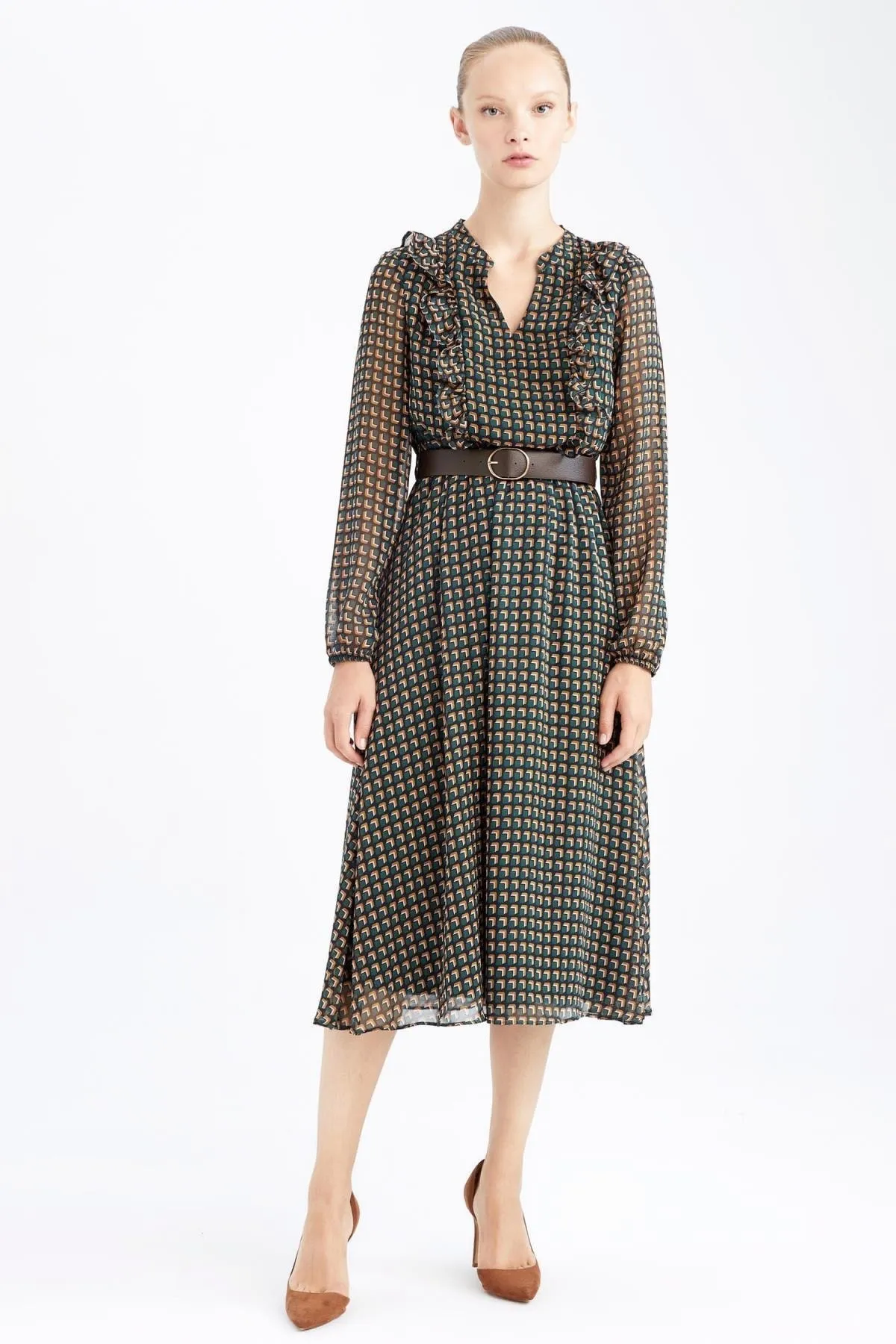 DeFacto  Bedrucktes Maxi-Langarmkleid aus Chiffon