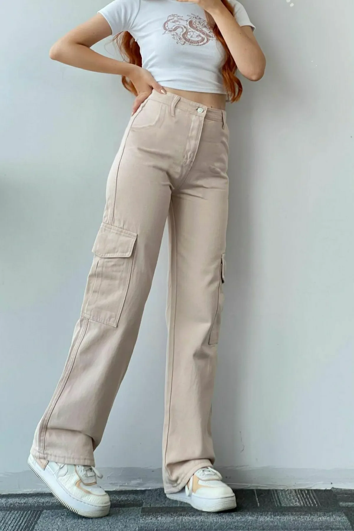 Trn JNS  Stone Damen-Palazzo-Jeans in Beige mit extra hoher Taille, Cargotasche und ohne Gesäßtasche