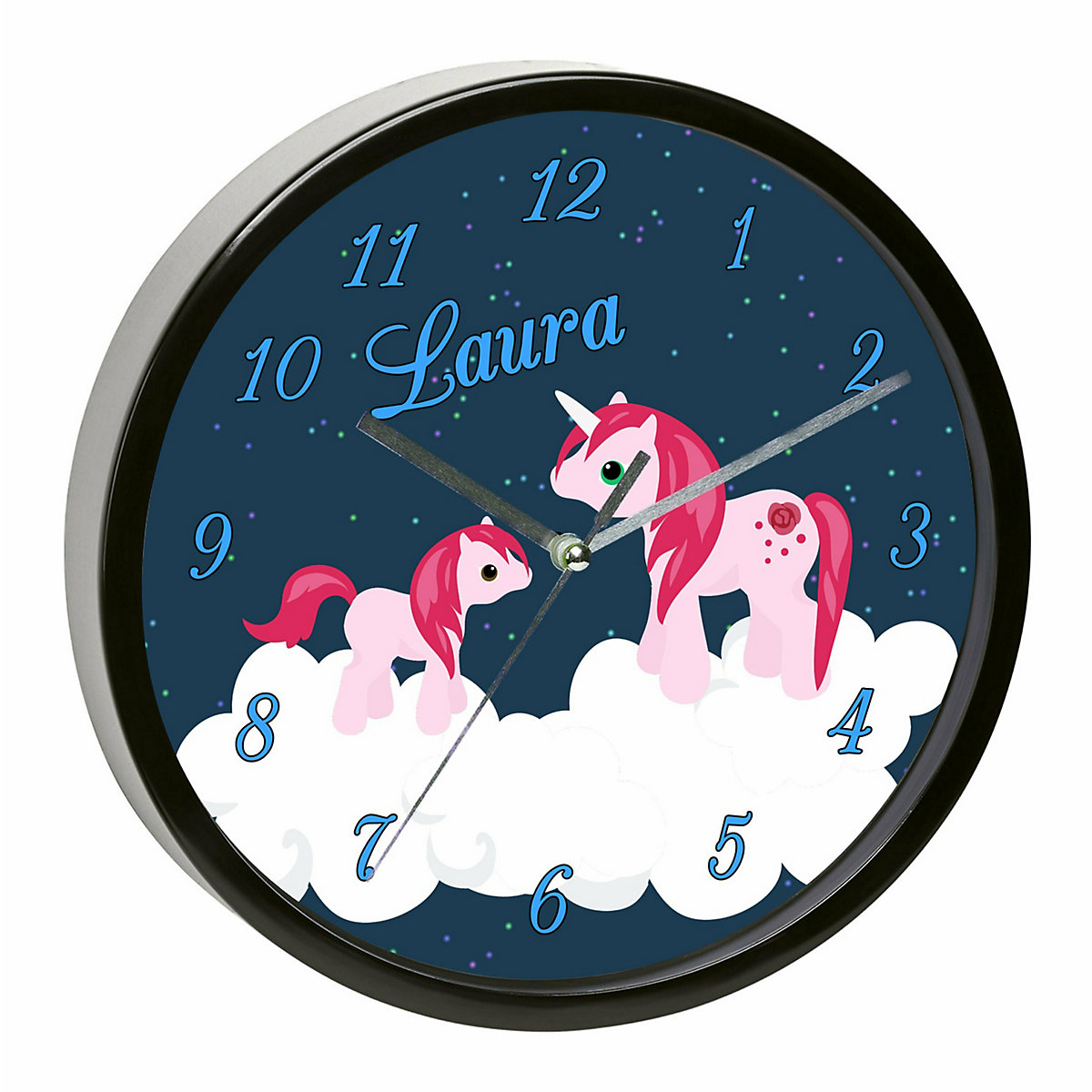 Kinder Wanduhr laufruhig personalisiert mit Name Einhorn