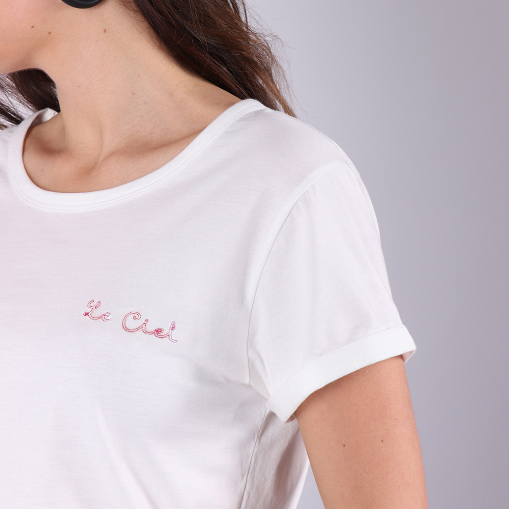 JULIA  T-shirt Jean de Nîmes blanc en jersey 100% coton, confectionné et produit en France, à Barentin, Normandie.