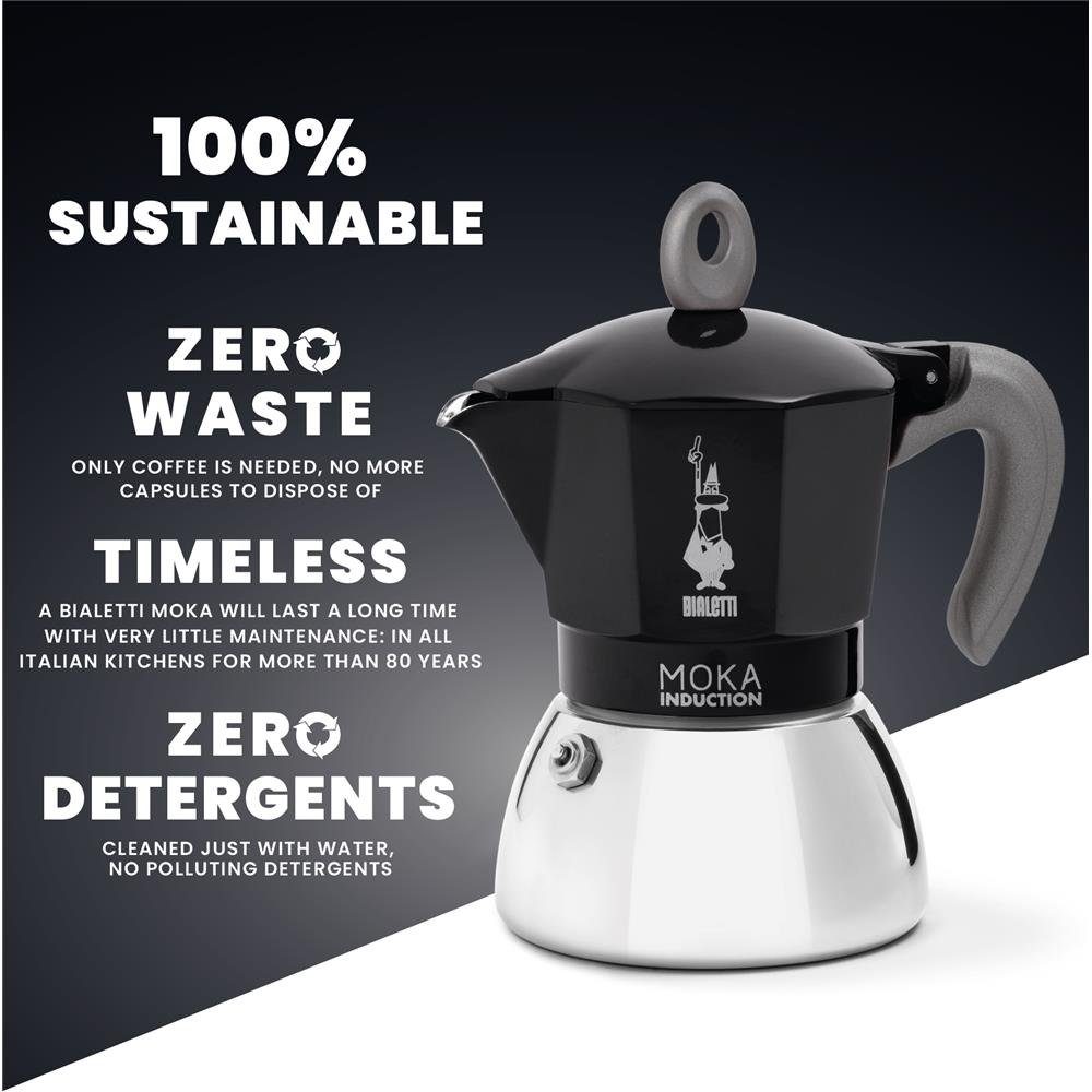 BIALETTI Espressokocher New Moka, 0,15l Kaffeekanne, aus Aluminium / Stahl, für vier Tassen, Kaffeemaschine, Kaffeekocher, für Induktions-, Gasherd, Elektroherd und Propan-Campingkocher geeignet, für Camping, Silber / Schwarz