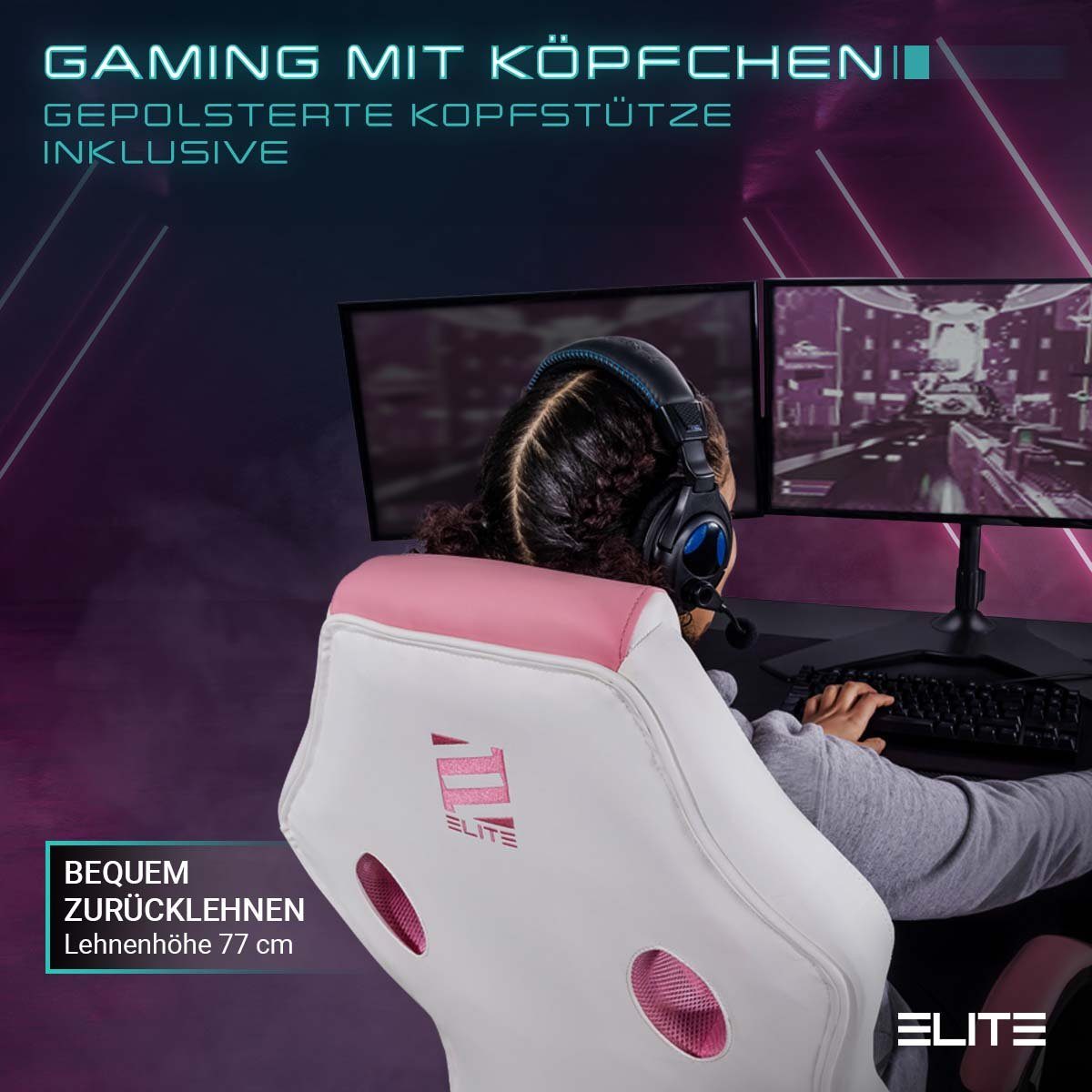 ELITE Gaming Gaming-Stuhl Ergonomischer Gamingstuhl Exodus Bürostuhl inkl. XXL Sitzfläche (Drehstuhl mit verriegelbare Wippmechanik, Armpolster, verstellbare Sitzhöhe, Sicherheits-Doppelrollen, 5-Stern Fußkreuz, 360 Grad horizontal drehbar, PVC Memor