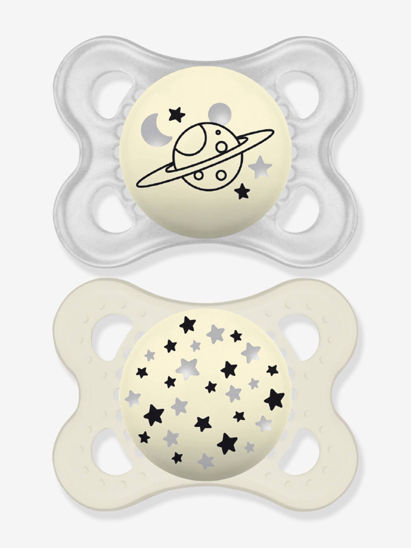Lot de 2 sucettes en silicone MAM Nuit 2 à 6 mois beige + gris