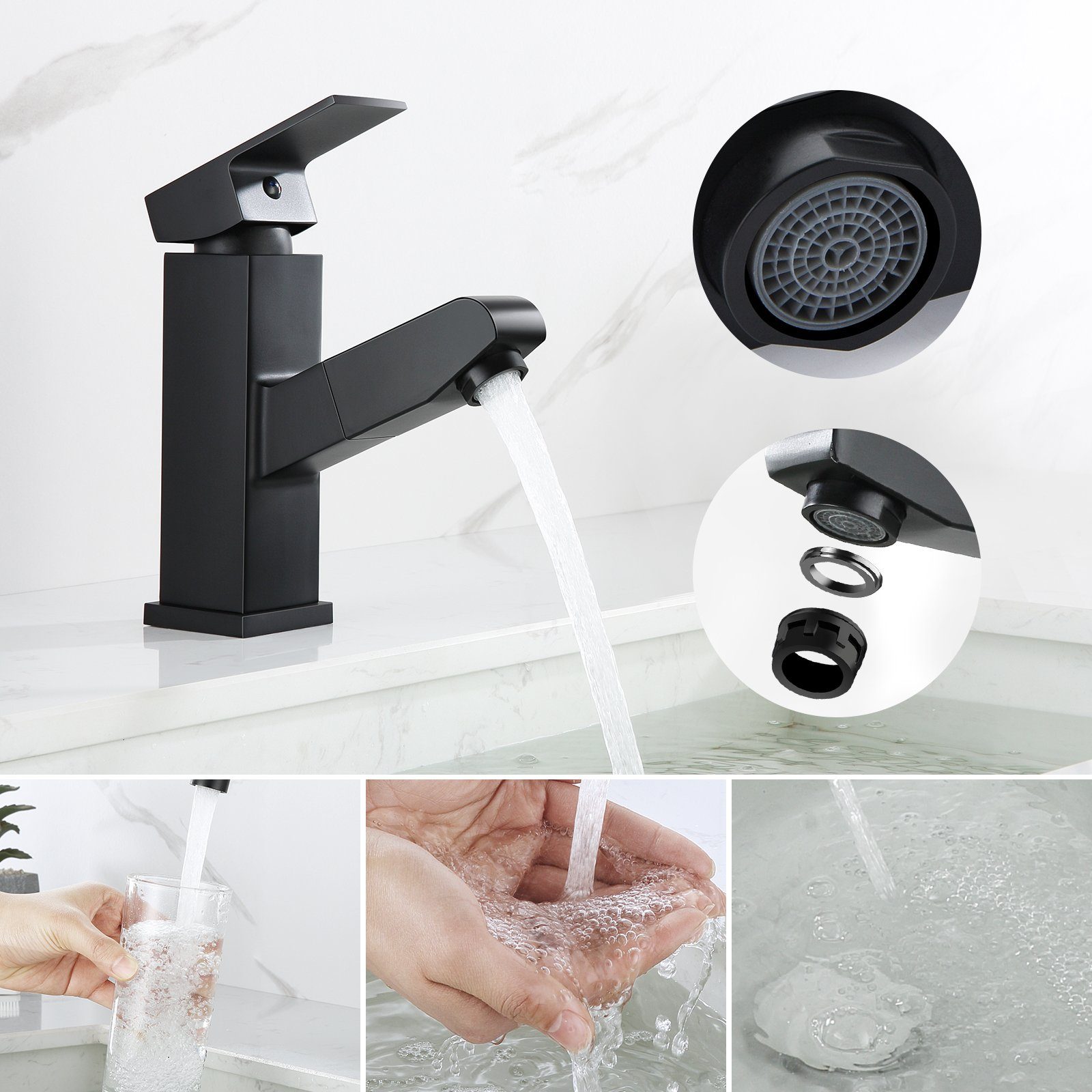 Auralum Waschtischarmatur Badarmatur Waschbecken Wasserhahn mit Ausziehbar Brause Schwarz