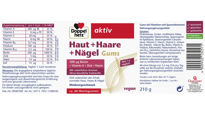 Doppelherz Haut + Haare + Nägel Gums ca. 60 Weichgummis 210 g