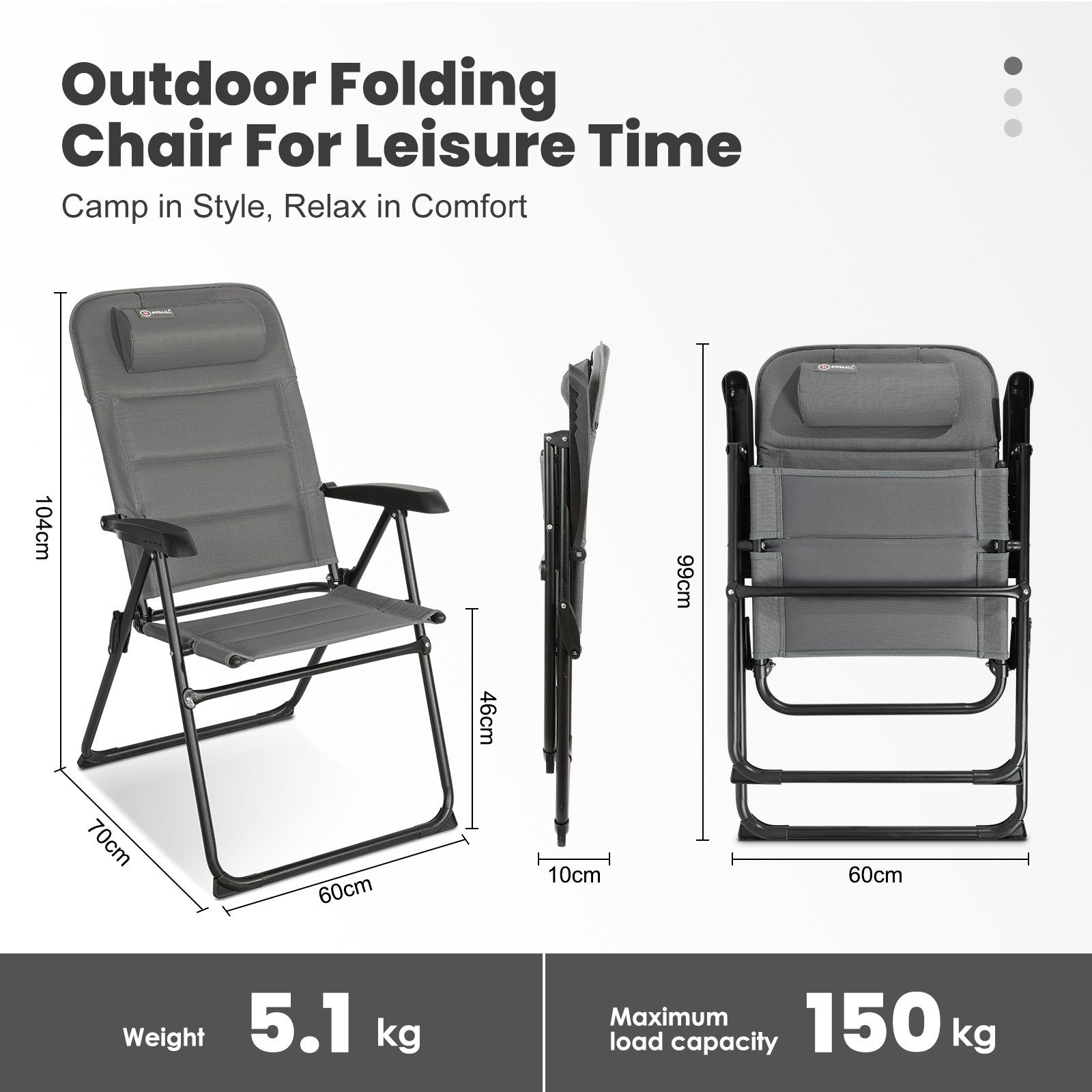 HOMECALL Campingstuhl Gartenstuhl Anglerstuhl Faltsessel Klappstuhl für Wohnwagen Outdoors (Textilene gepolstert mit Quick-Dry-Schaum), 5 fach Verstellbarer Rückenlehne, Hochlehner, Wasserdicht und Atmungsaktiv