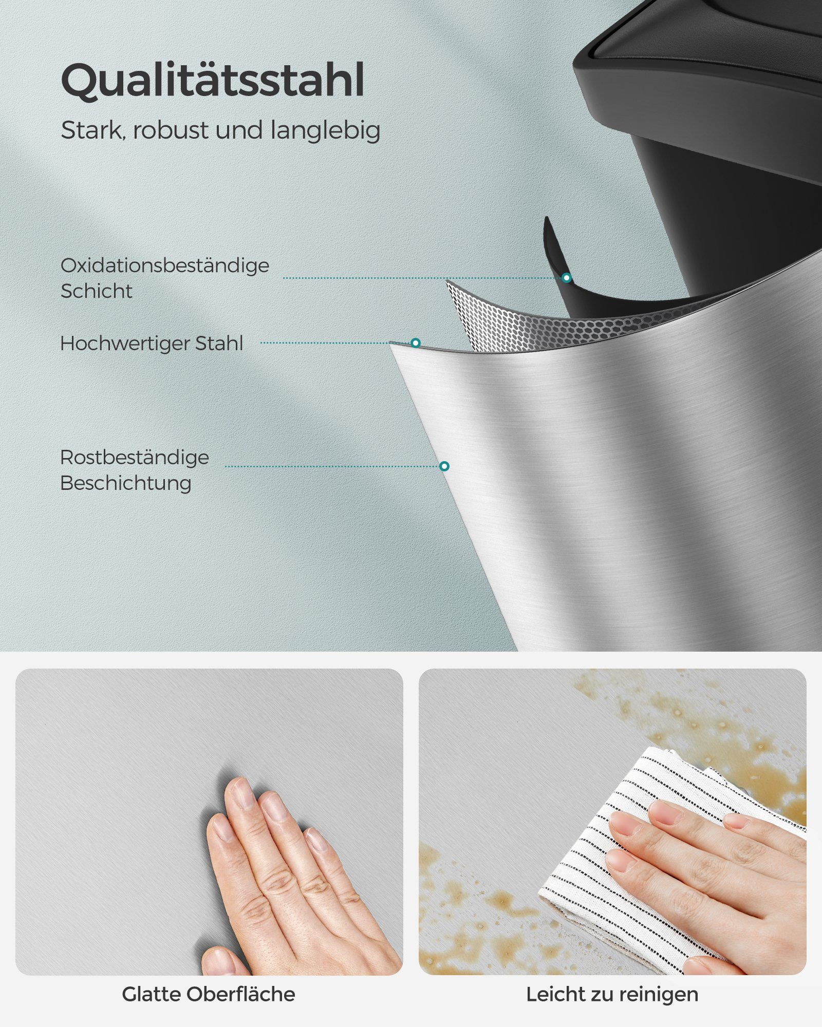 SONGMICS Mülleimer Mülltrennsystem, Abfalleimer, Edelstahl, 45 L