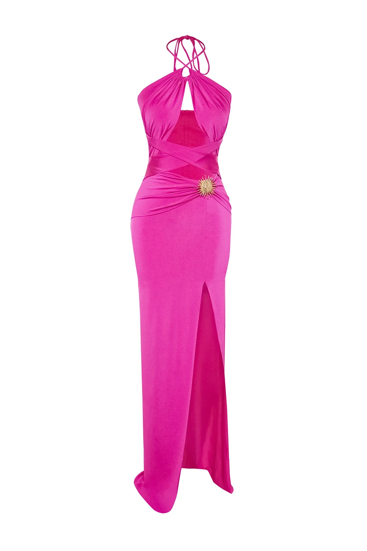 Trendyol Collection  X Zeynep Tosun Fuchsiafarbenes, figurbetontes Abend- und Abschlusskleid mit Sonnen-Accessoire-Details TCLSS23AE00003
