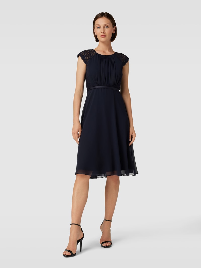 Cocktailkleid mit Spitzenbesatz in marineblau meliert